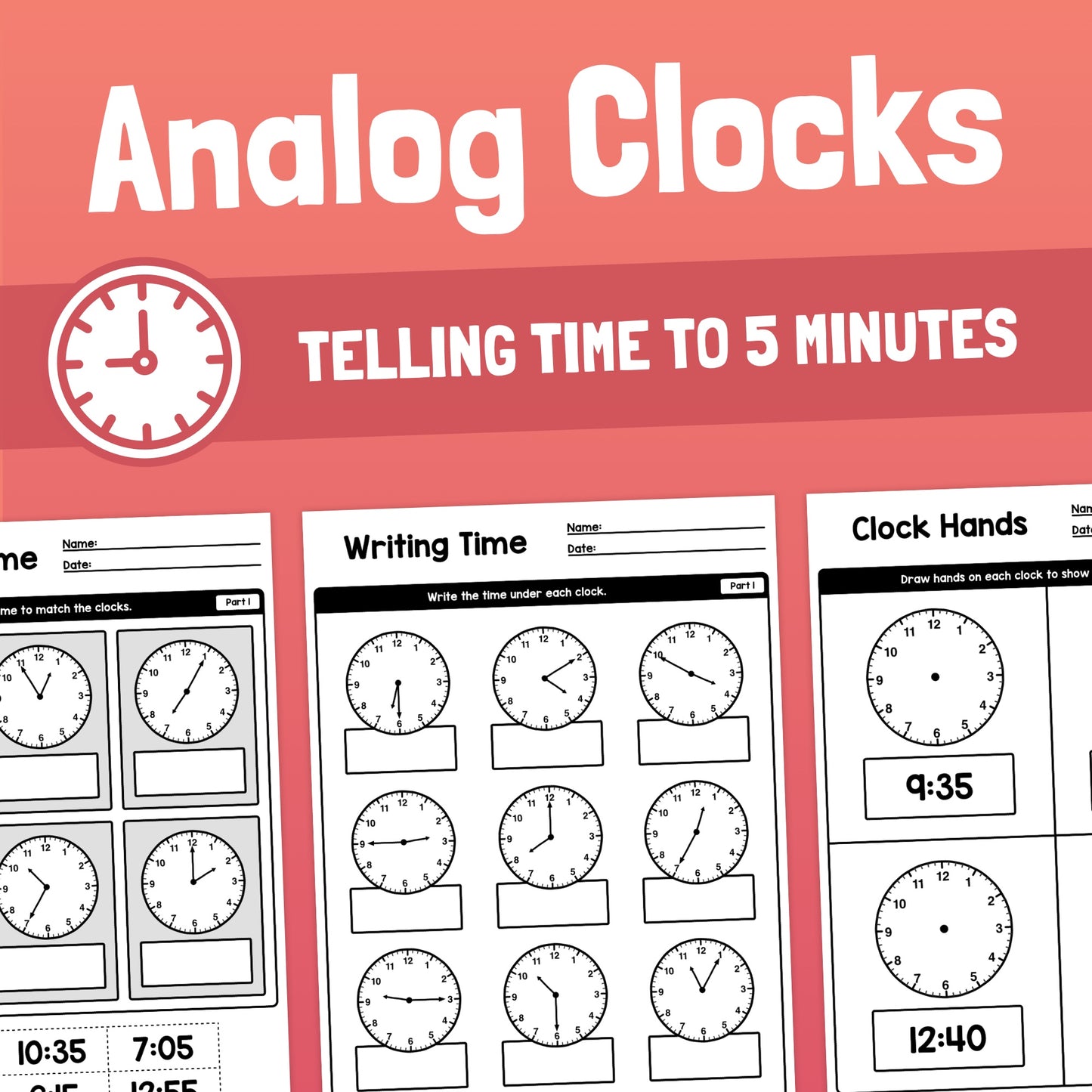 Worksheet titled "Telling Time to 5 Minutes" with various clock exercises.