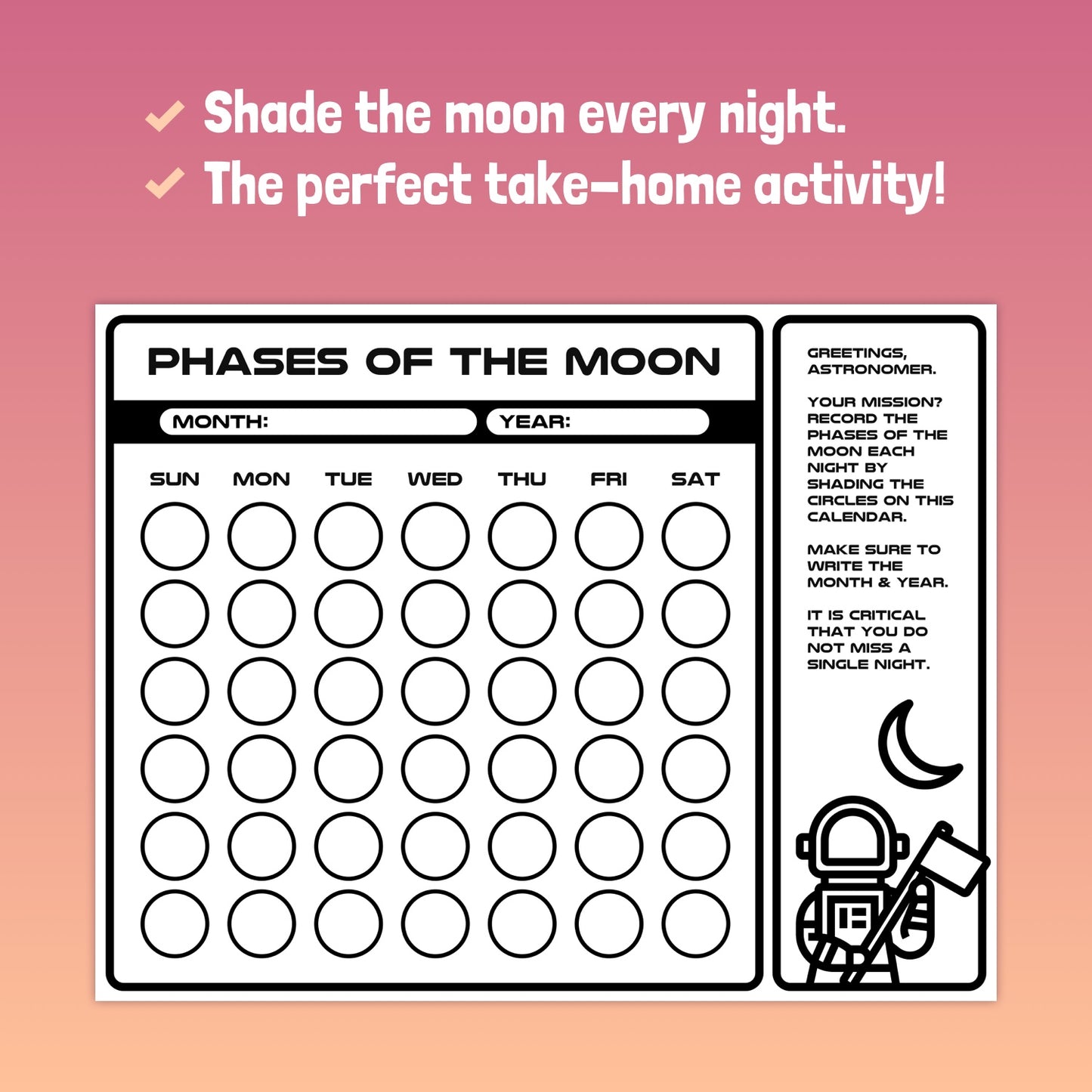 Moon Phases Calendar with astronaut illustration and tracking instructions.