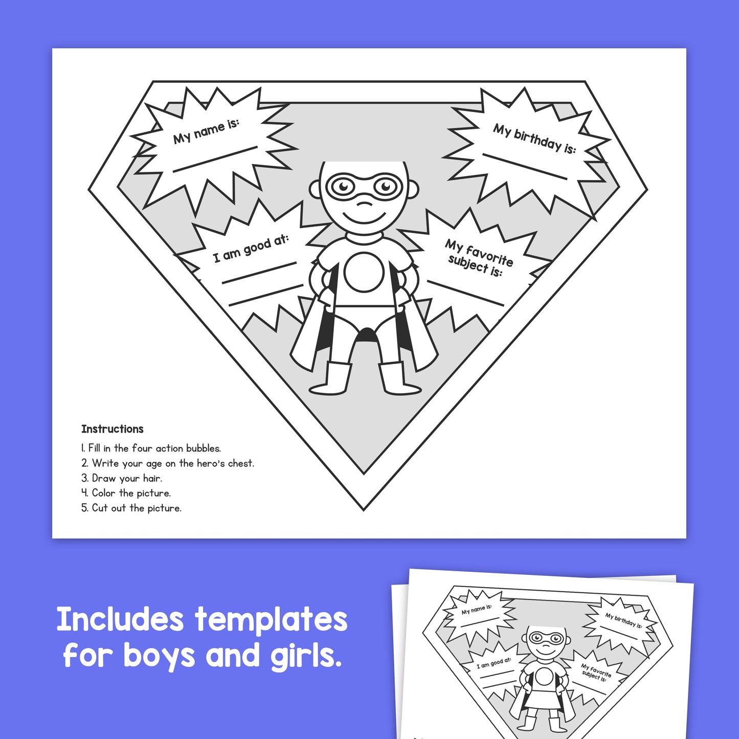 Superhero Banners with fillable bubbles for name, birthday, talents, and subjects.
