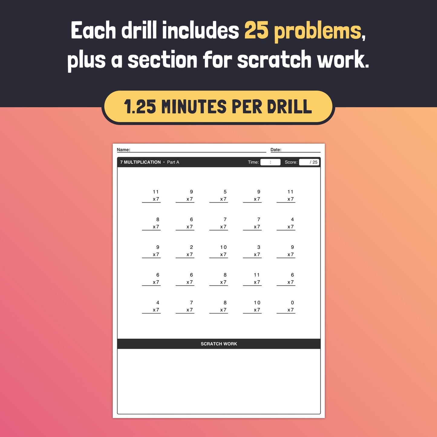 Worksheets with 25 multiplication problems per page, scratch section included.