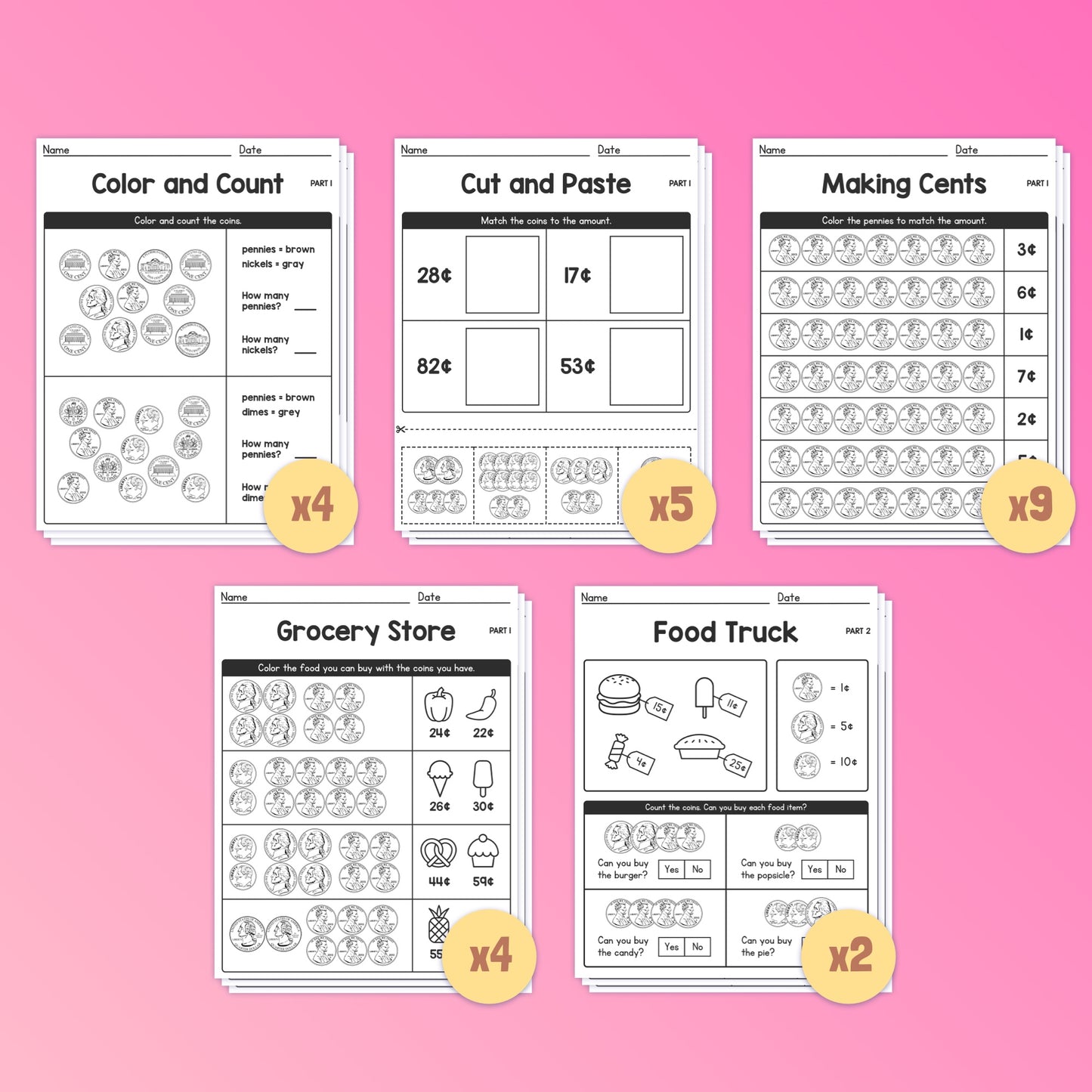 No prep 1st grade money math worksheets and centers