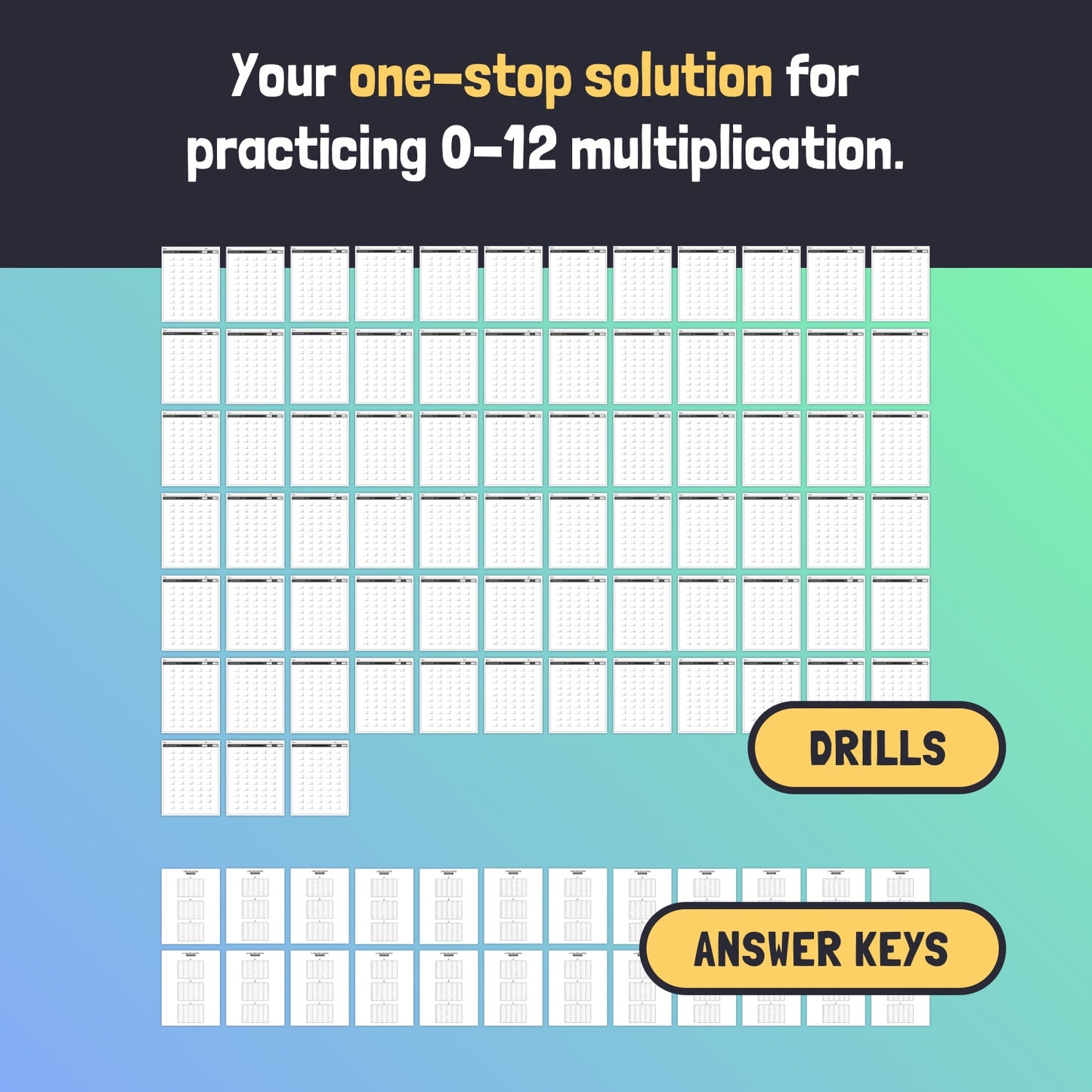 Math worksheet with 50 multiplication drills per page and answer keys for 0-12 practice.
