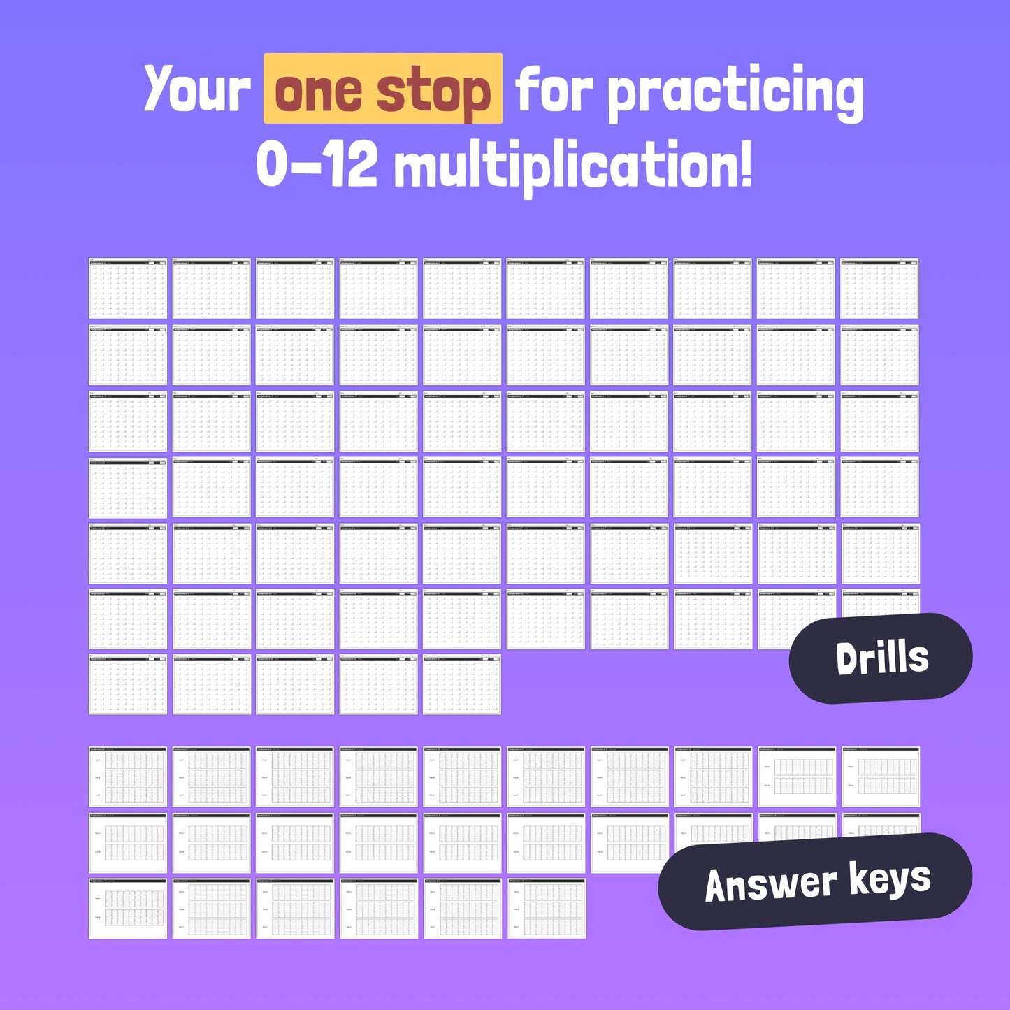 Multiplication drills sheets with 100 problems per page for 0-12 and answer keys.