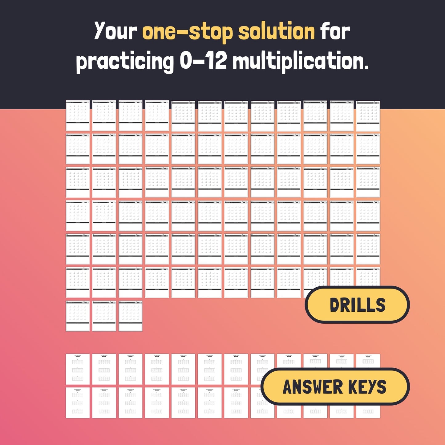 Multiplication drills with 25 problems per page and answer keys for 0-12 times tables.