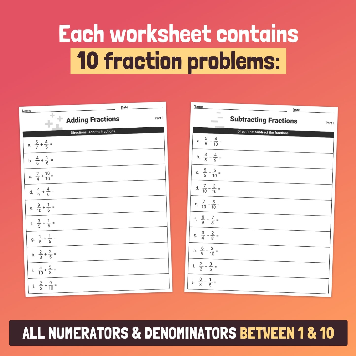 Fraction quizzes: addition & subtraction