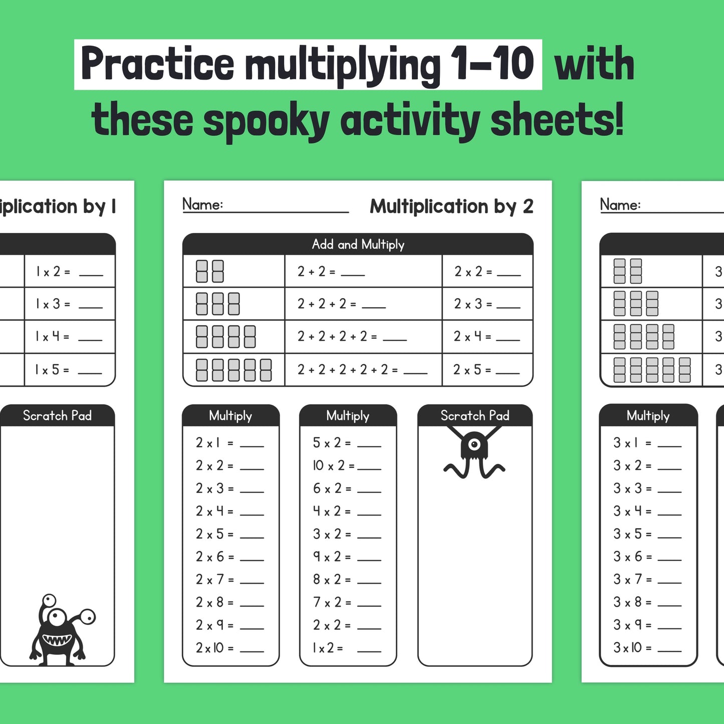 Three worksheets for practicing 1-10 times tables with a monster theme.