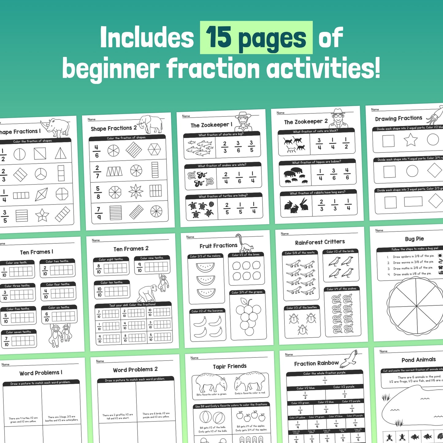 15 pages of beginner fraction activities for children with a wildlife theme.