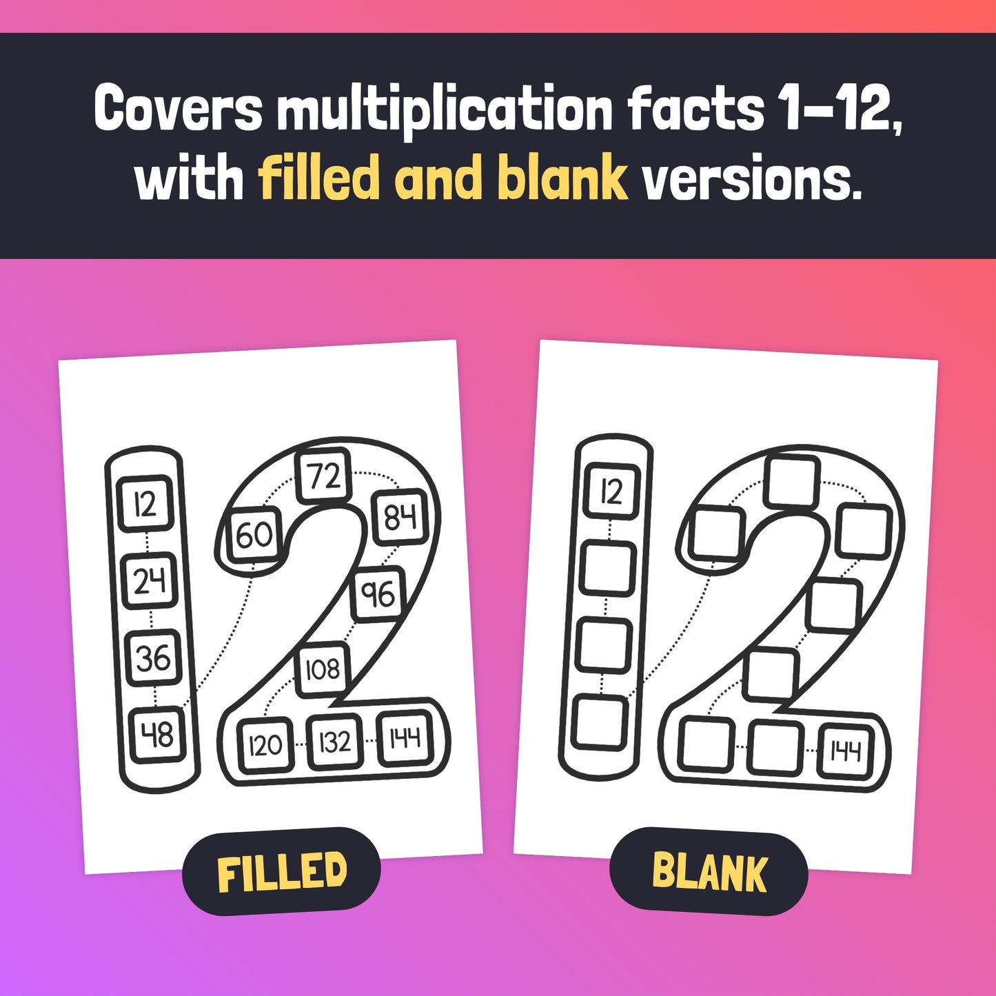 Completed and blank multiplication fact posters.