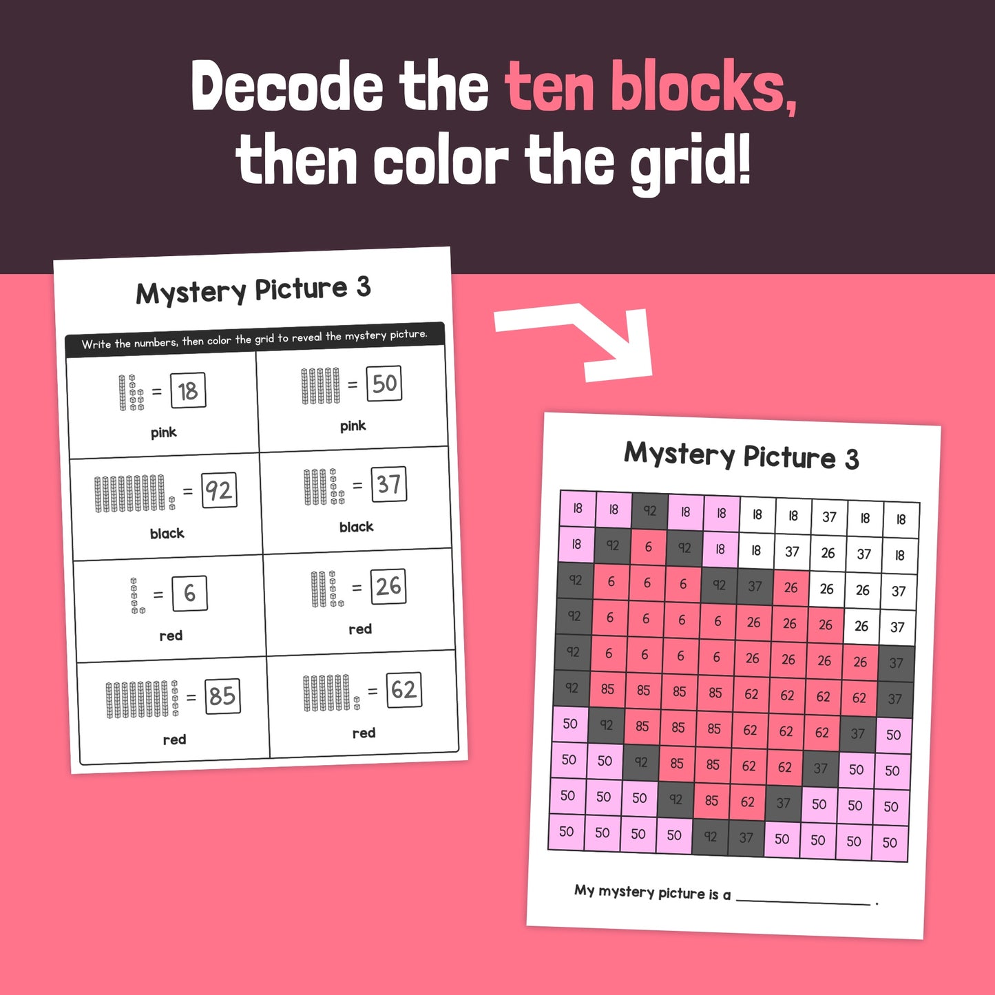 Two worksheets for decoding ten blocks and coloring a grid to reveal an image.