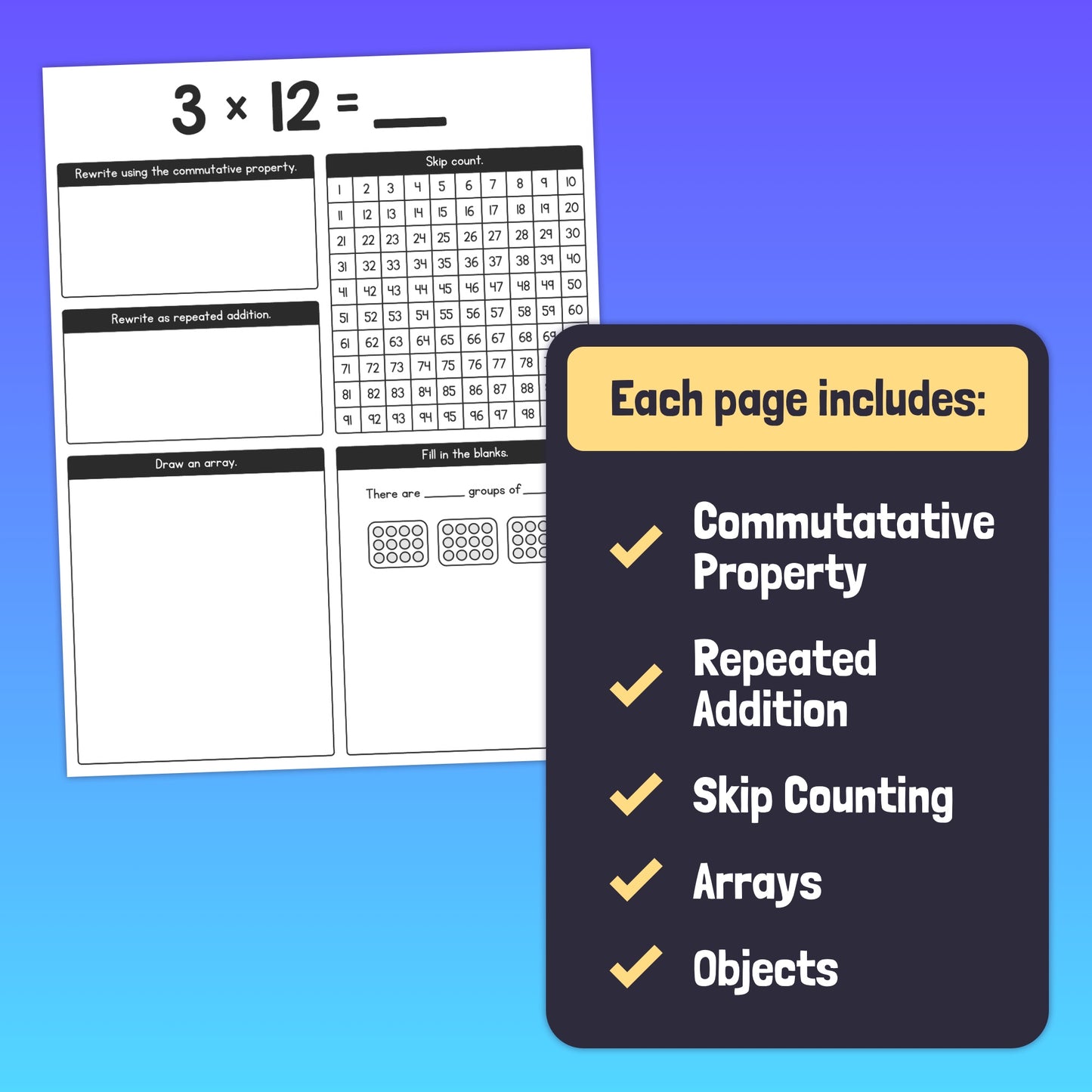Multiplication worksheets with problems and a list of inclusions.