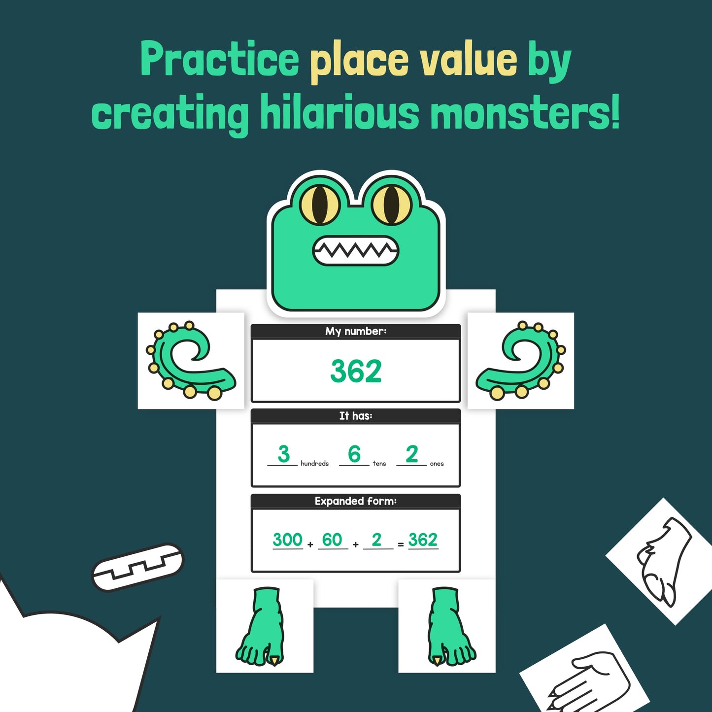 Illustration of a monster craft activity focused on place value for kids.