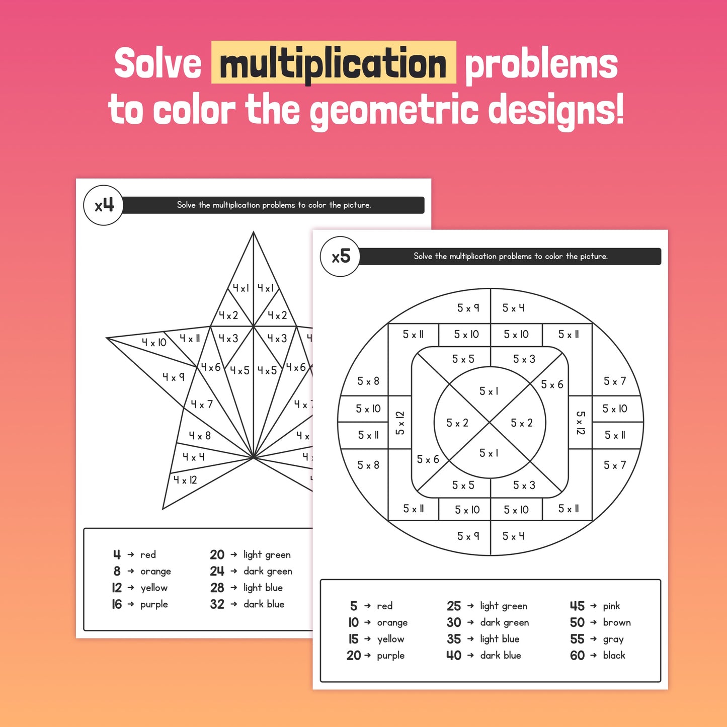 Two multiplication worksheets with a star and geometric design for coloring.