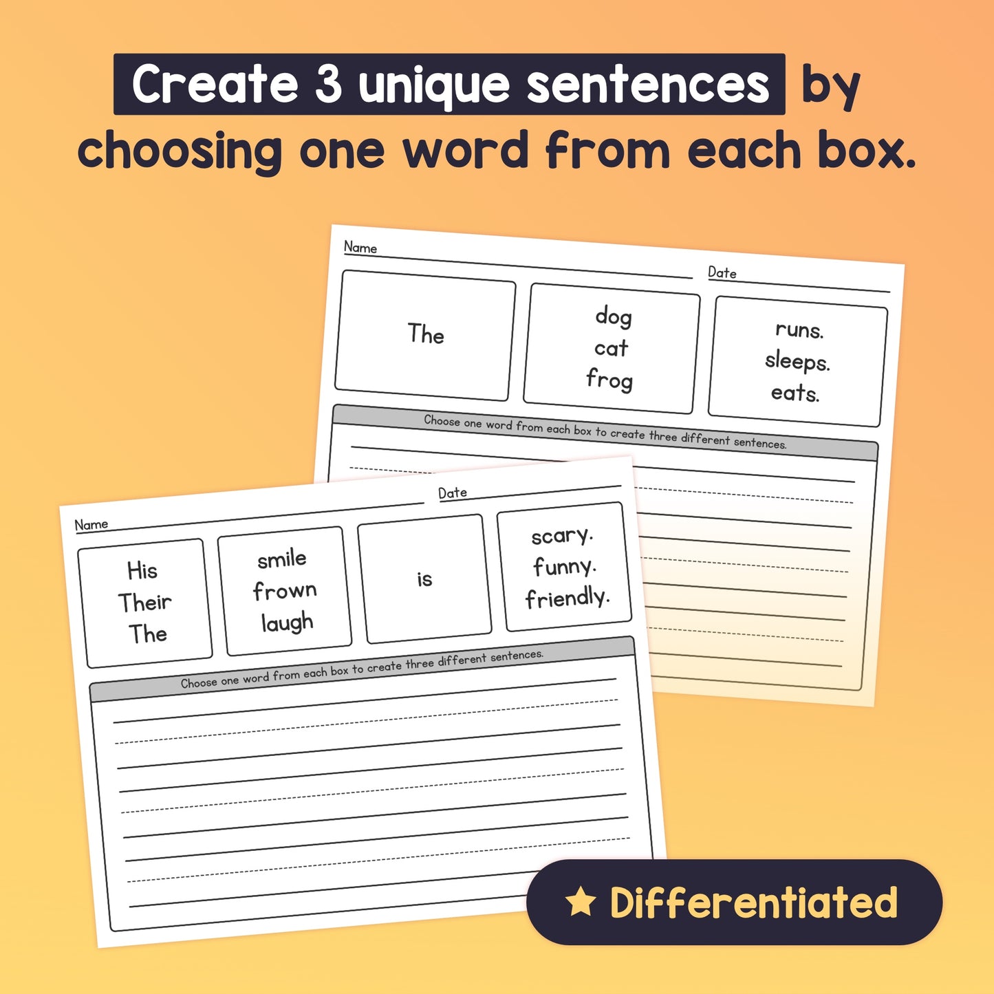 Worksheet for crafting sentences using words from boxes; includes two sheets.