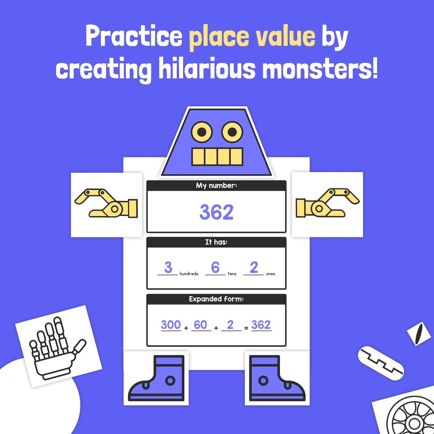 Place value robot craft displaying the number 362.