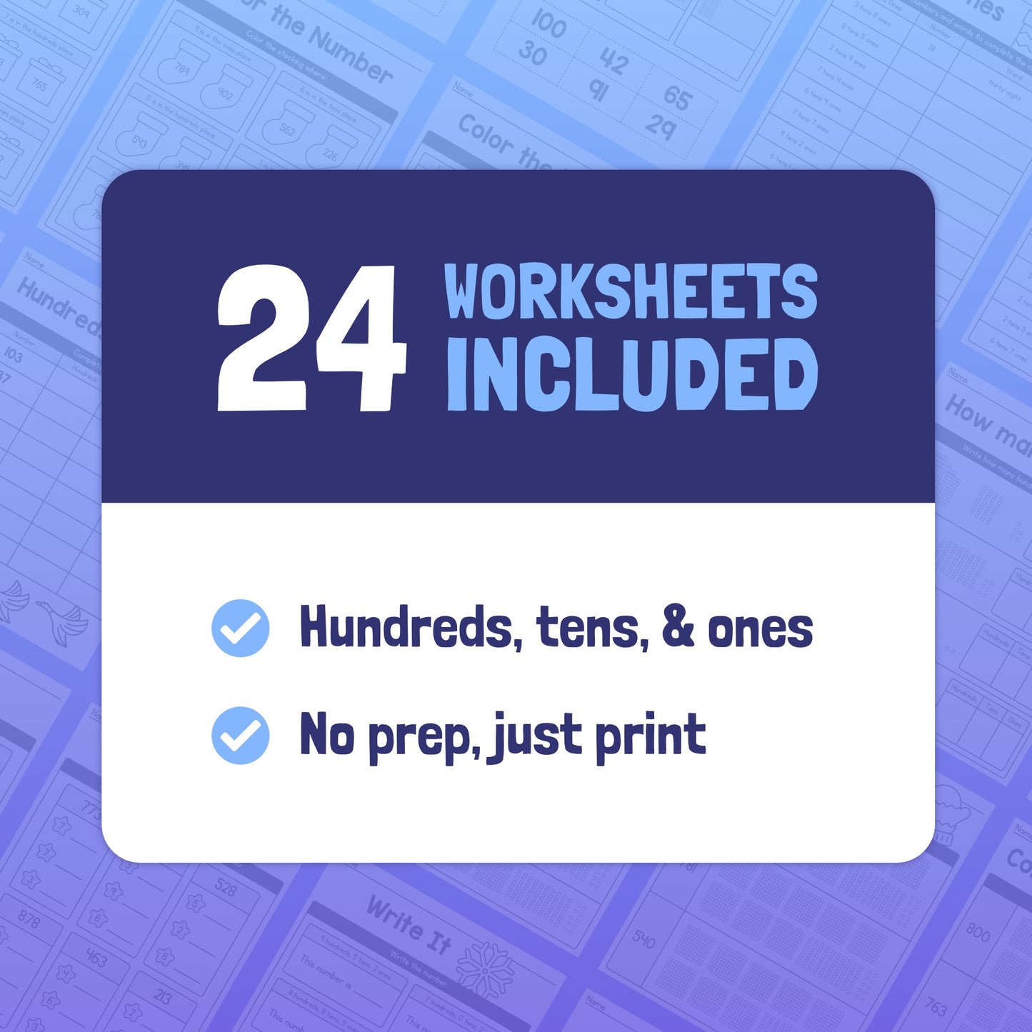 Sign reads "24 Winter Place Value Worksheets Included" with details about contents.