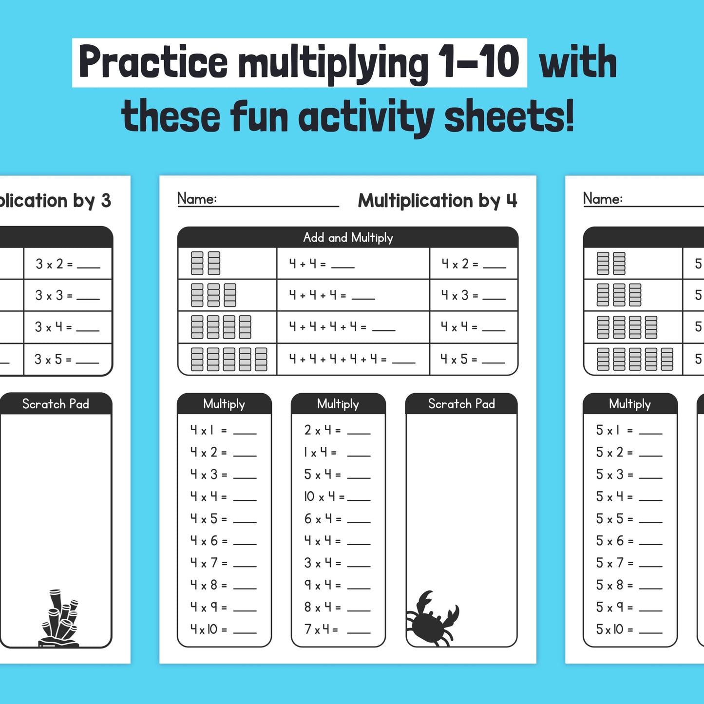Three worksheets for practicing 1-10 multiplication tables.