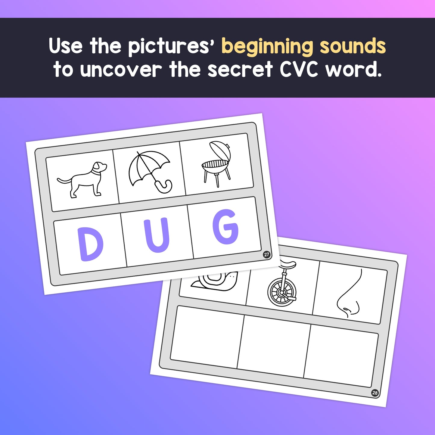 Two CVC word puzzles, one solved as "DUG" and the other unsolved with image clues.