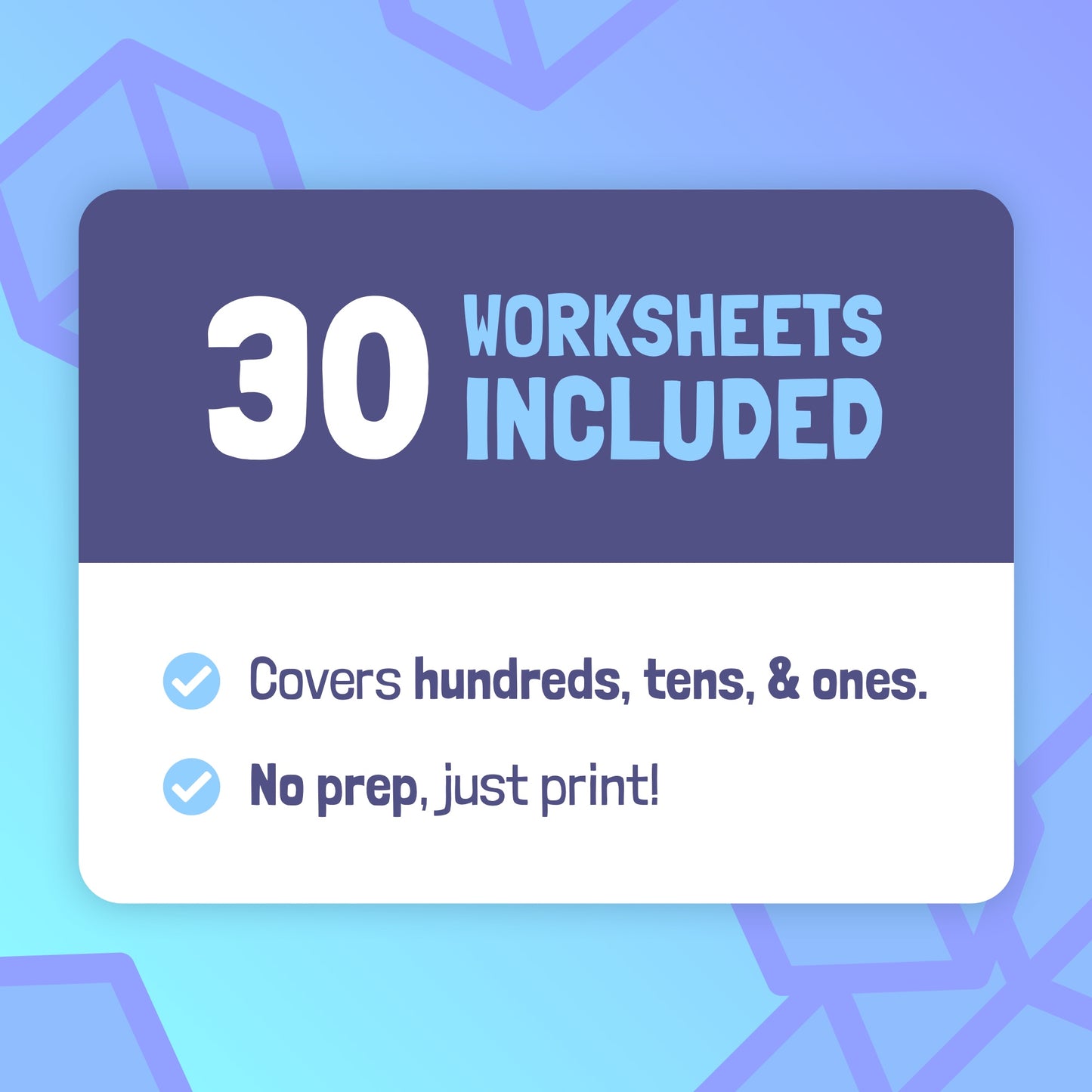 Printable PDF containing 30 place value worksheets on hundreds, tens, and ones.