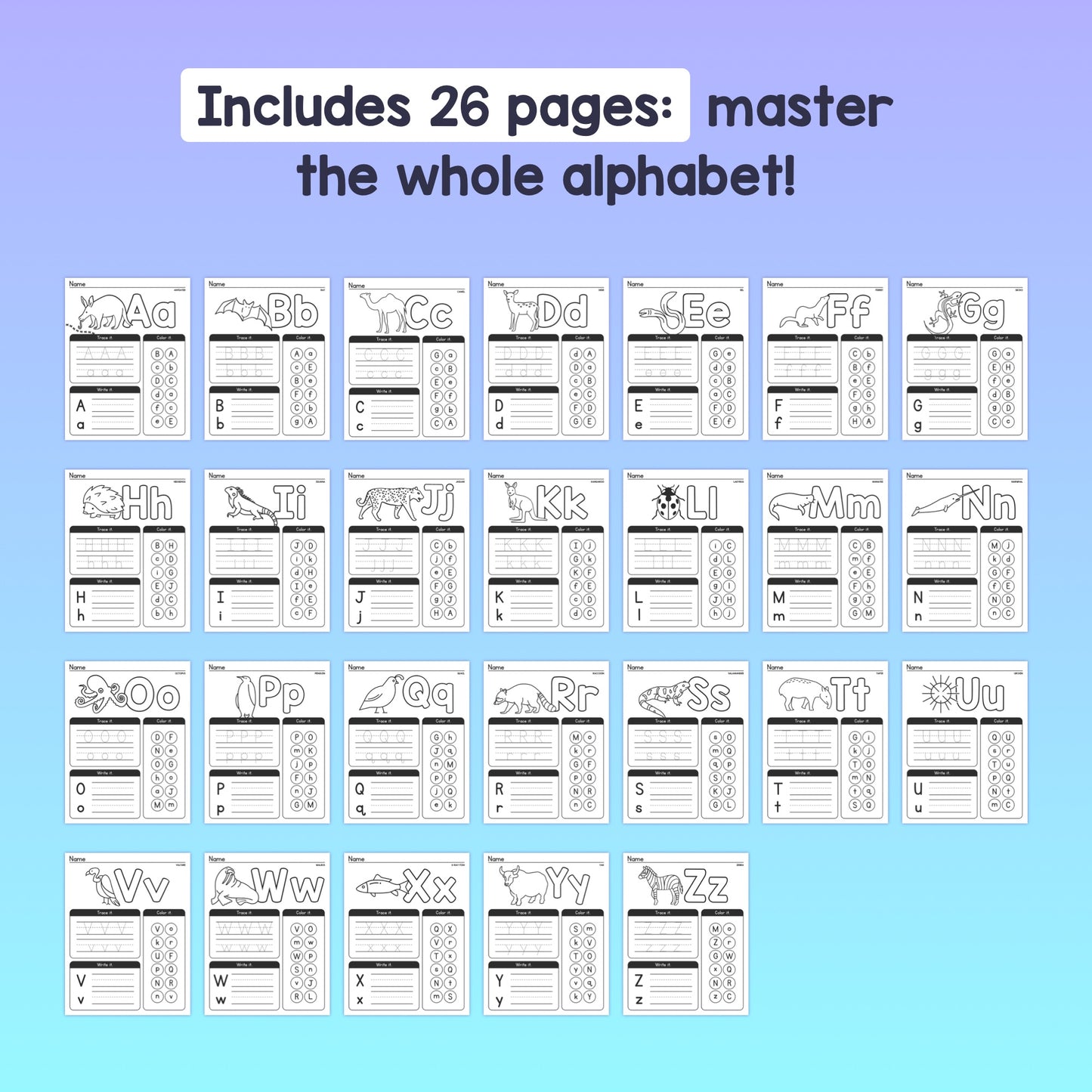 Animal Alphabet Worksheets featuring letters A to Z.