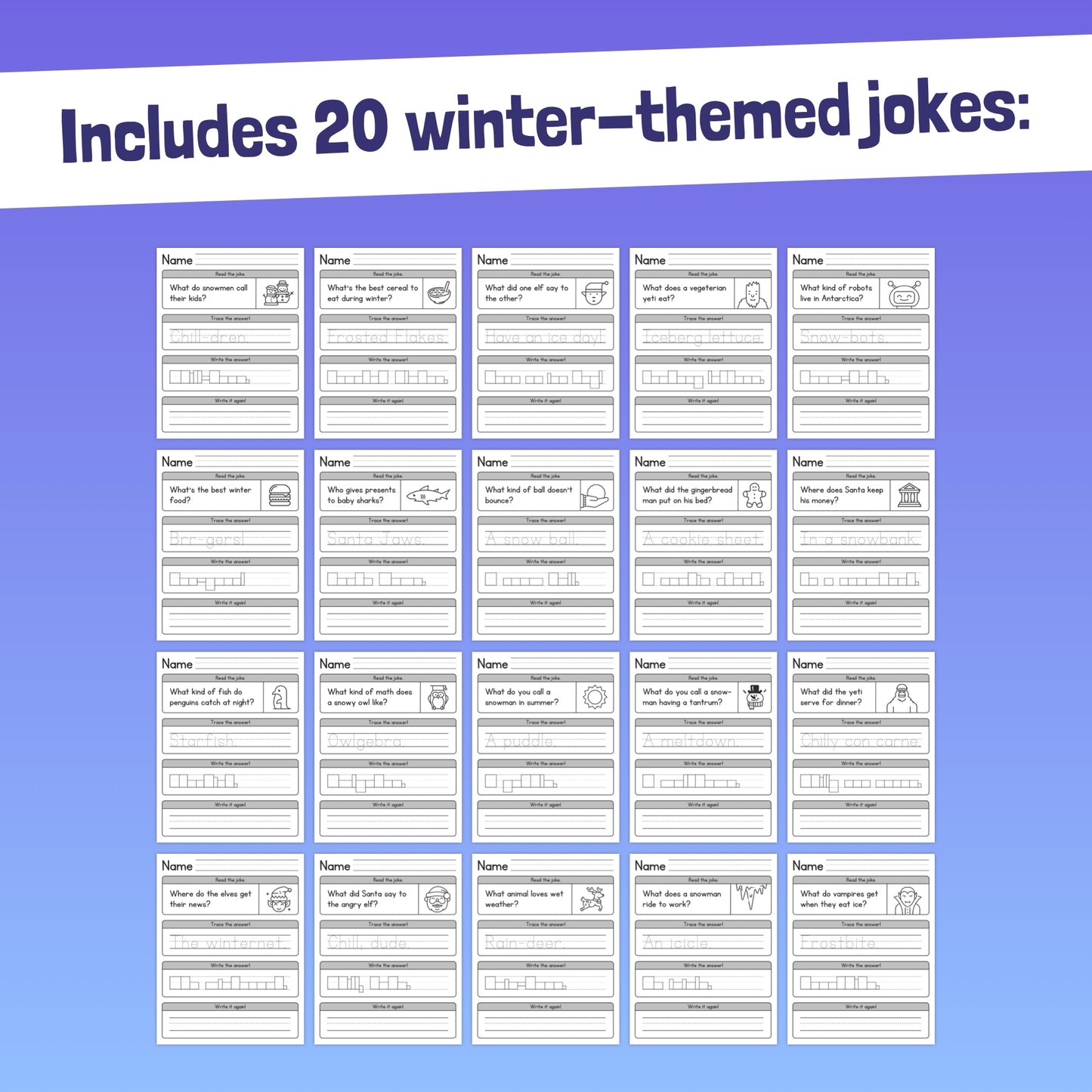 Twenty Winter Jokes Handwriting Worksheets in PDF format.