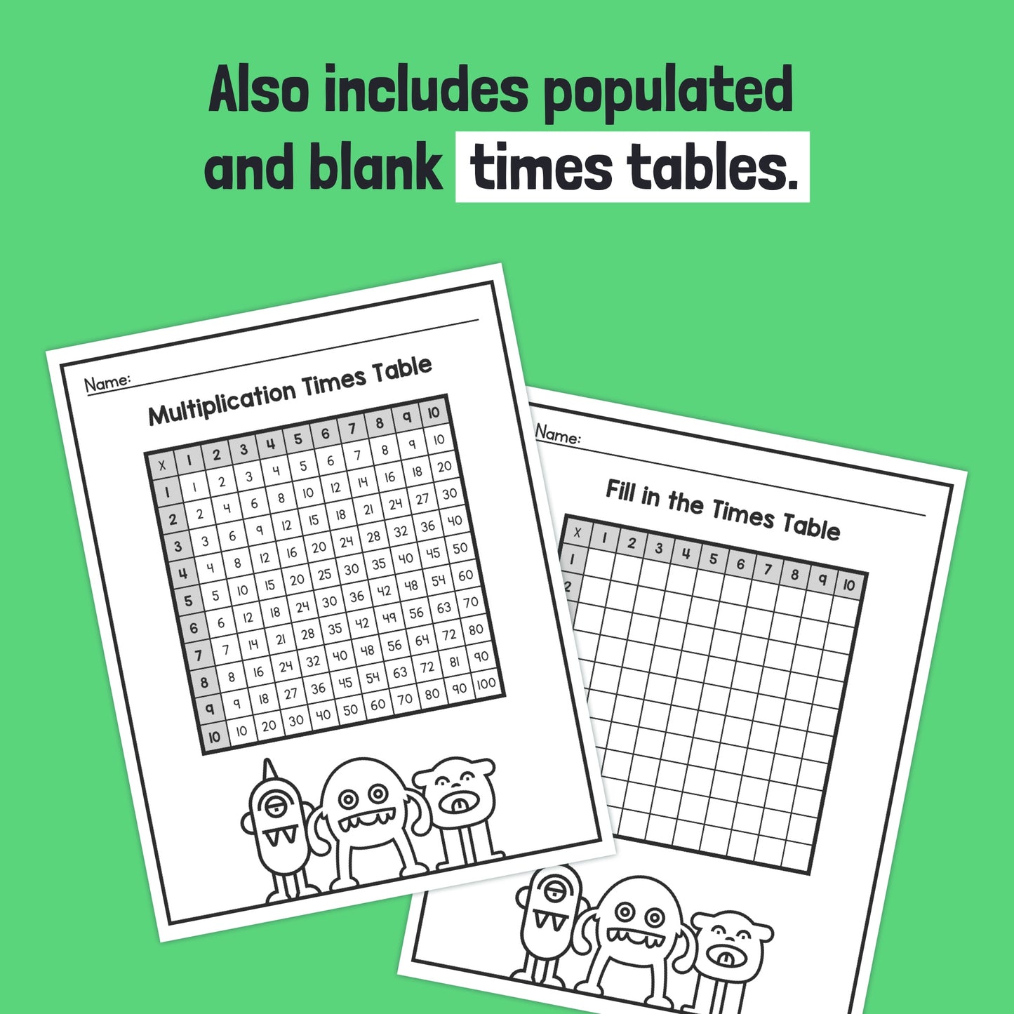 Two pages showing multiplication times tables worksheets with monster illustrations.