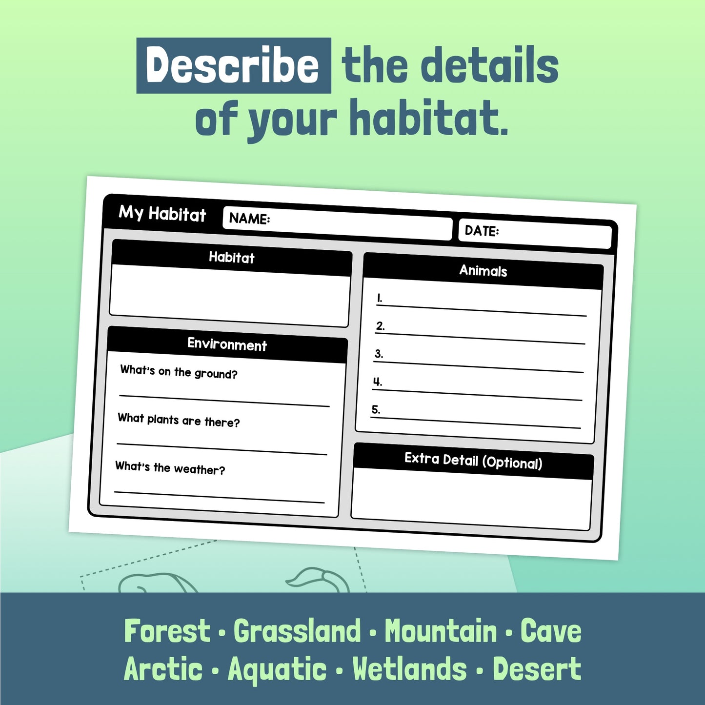 Animal Habitats Popup Craft worksheet with sections for environment, animals, and details.