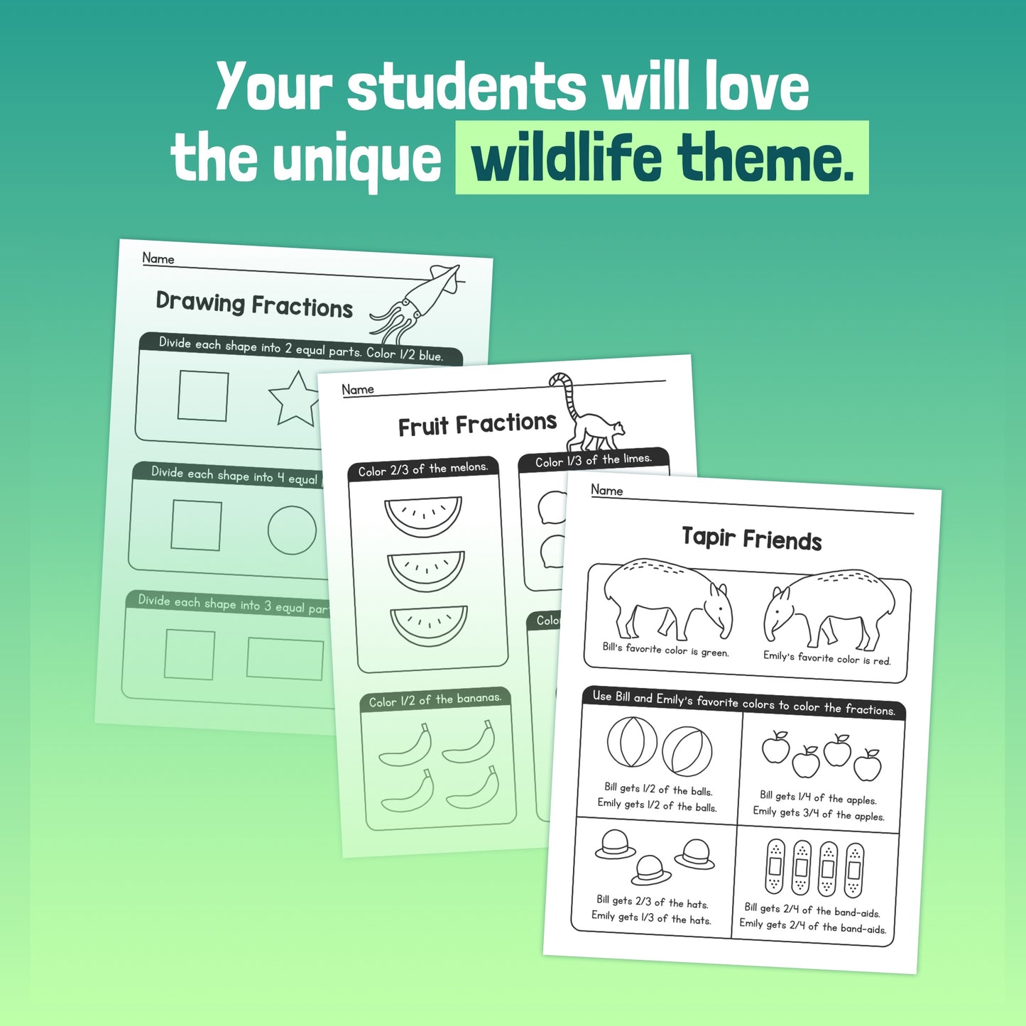 Wildlife fractions worksheets with fruits and animals.