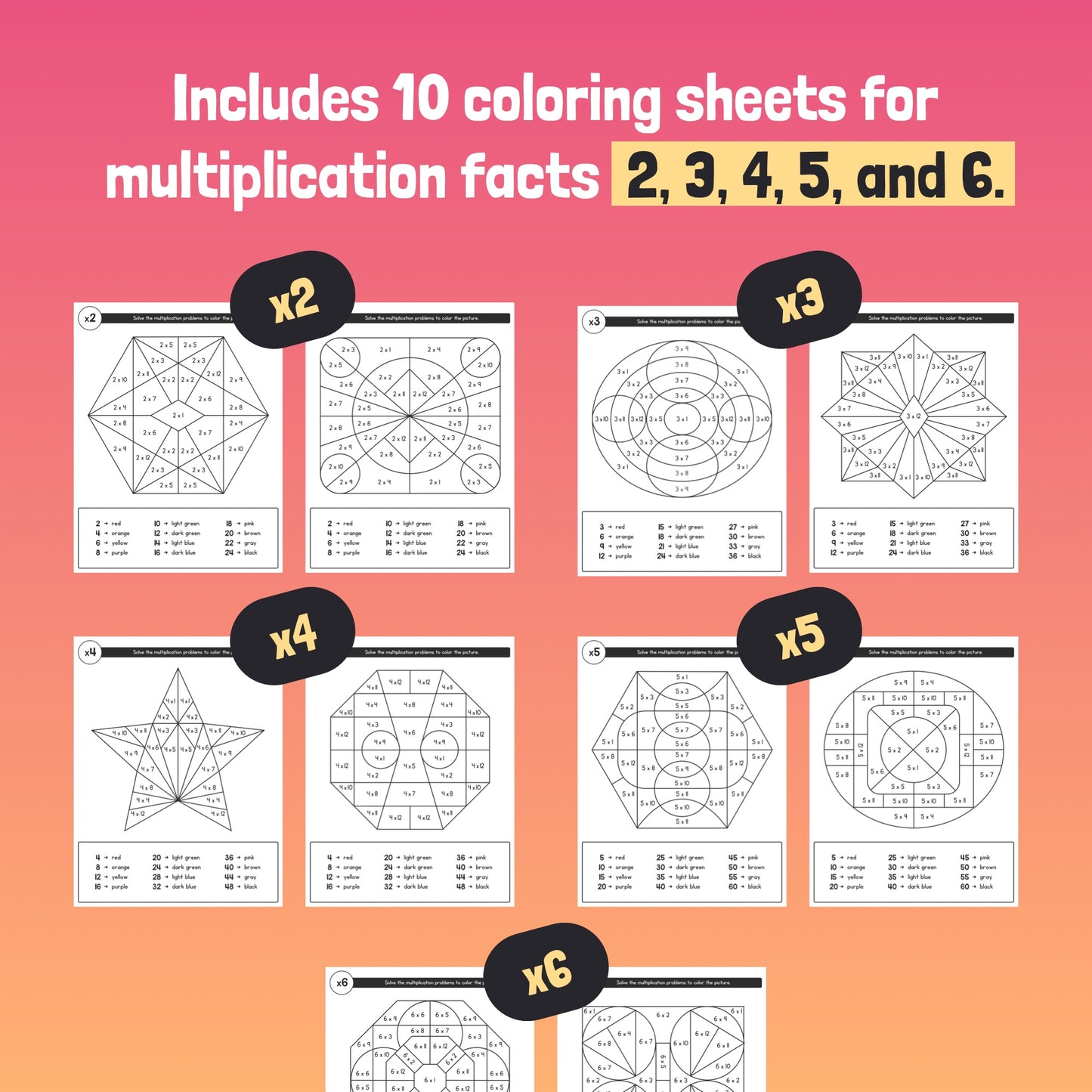 Multiplication coloring sheets with multiplication facts for numbers 2 through 6.