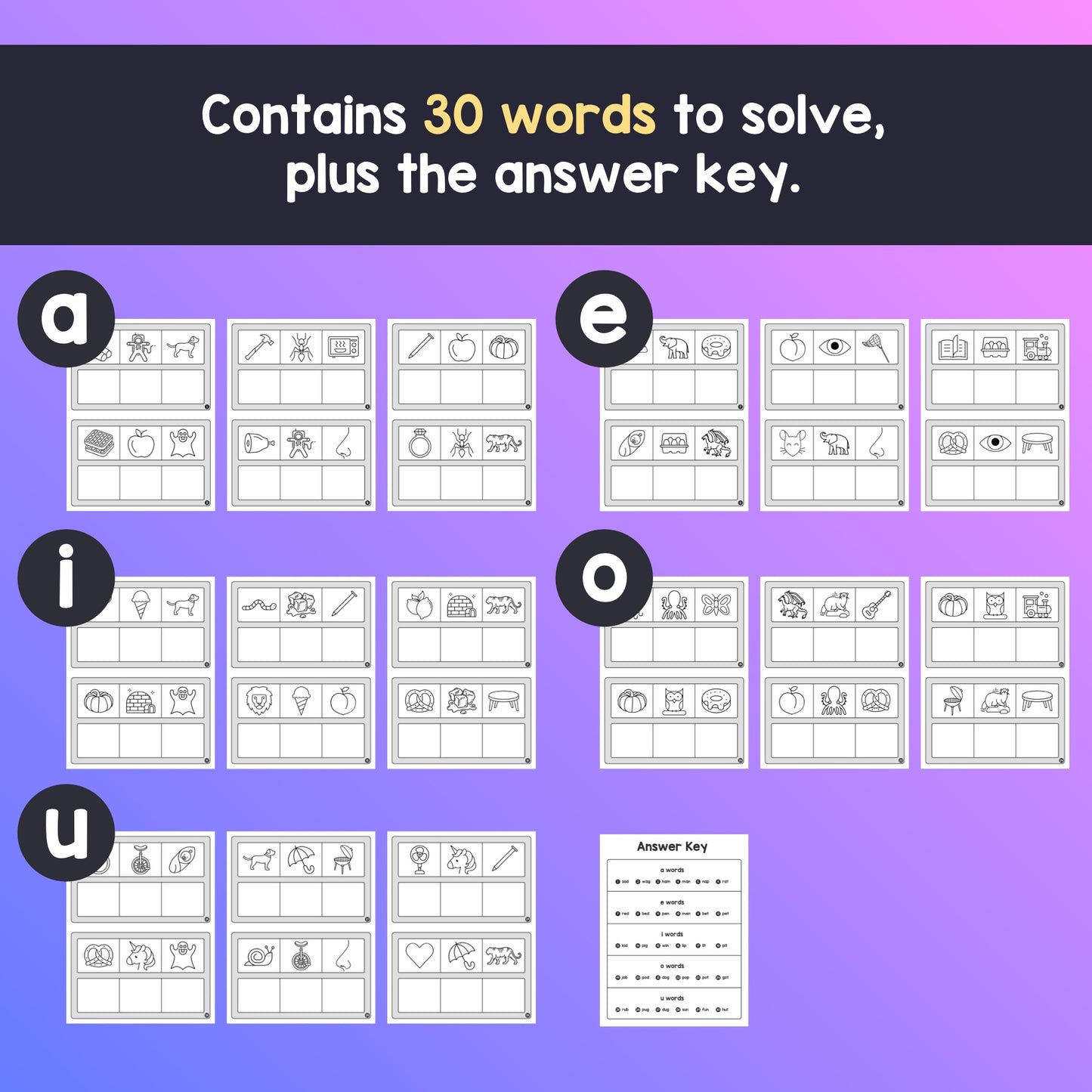 The activity includes 30 CVC words to solve with images and letters, plus an answer key.