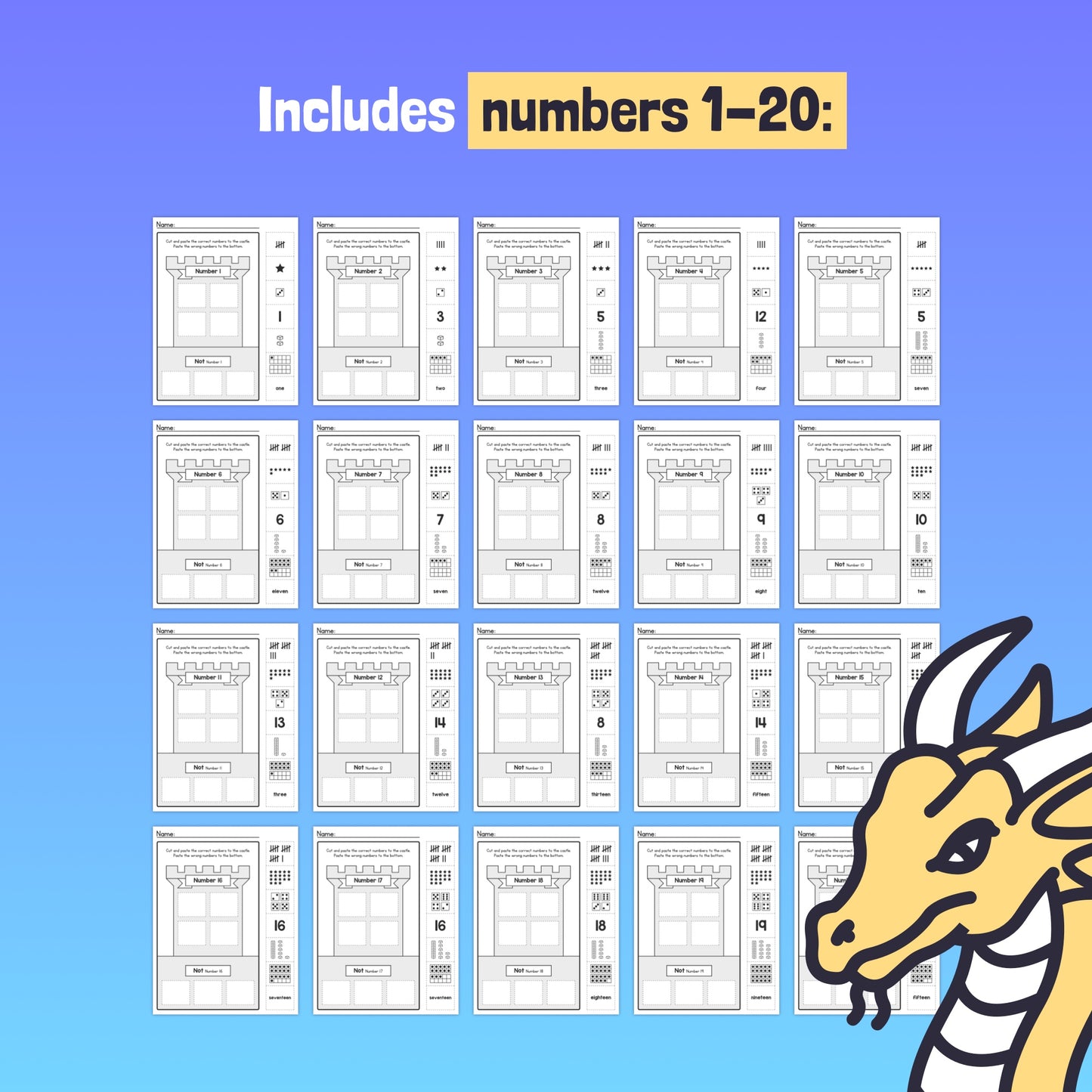 Number worksheets for numbers 1-20 with a cartoon dragon on the right side.