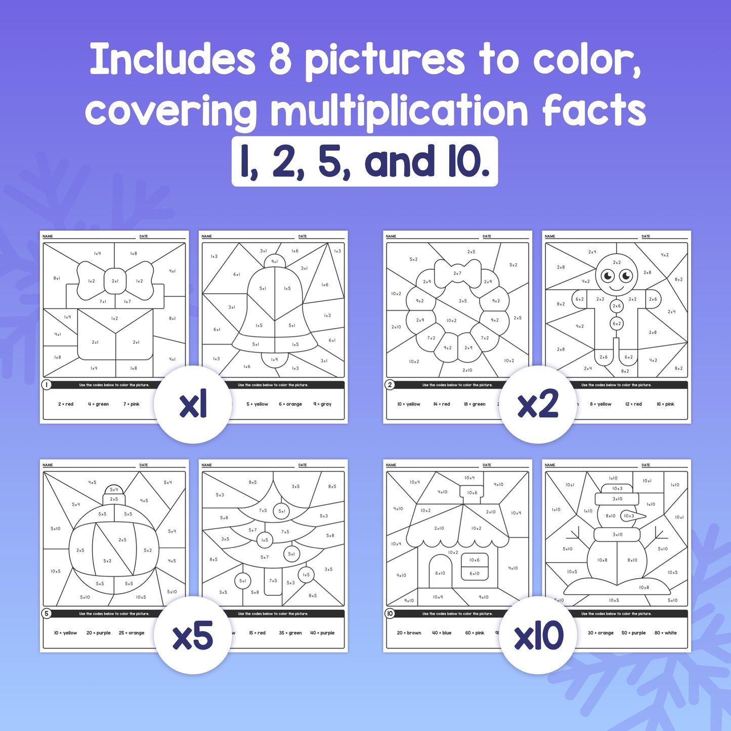 Winter Color-by-Code Multiplication Worksheets with multiplication facts 1, 2, 5, and 10.