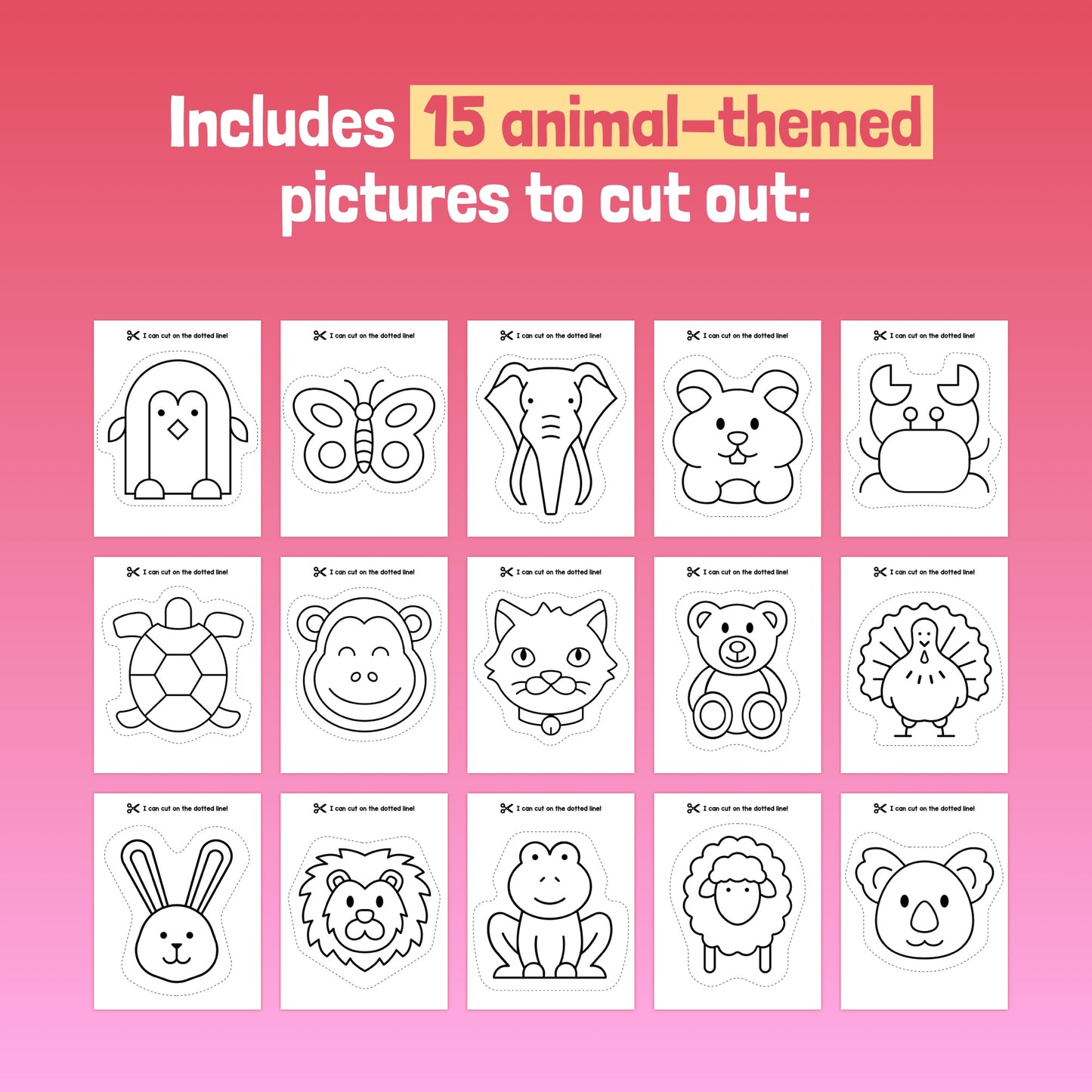 Scissor skills worksheets with animal cutouts: penguin, butterfly, elephant, crab.