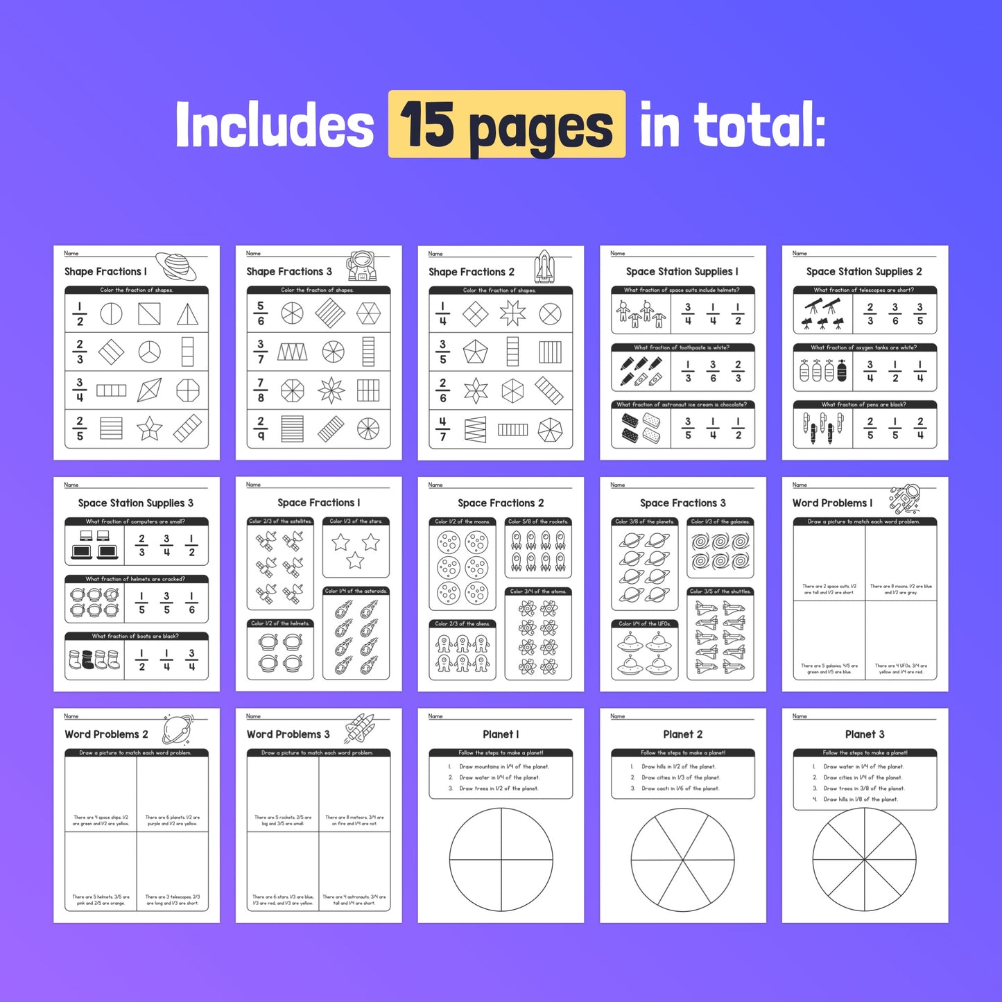 15 educational worksheets covering shapes, fractions, and word problems.