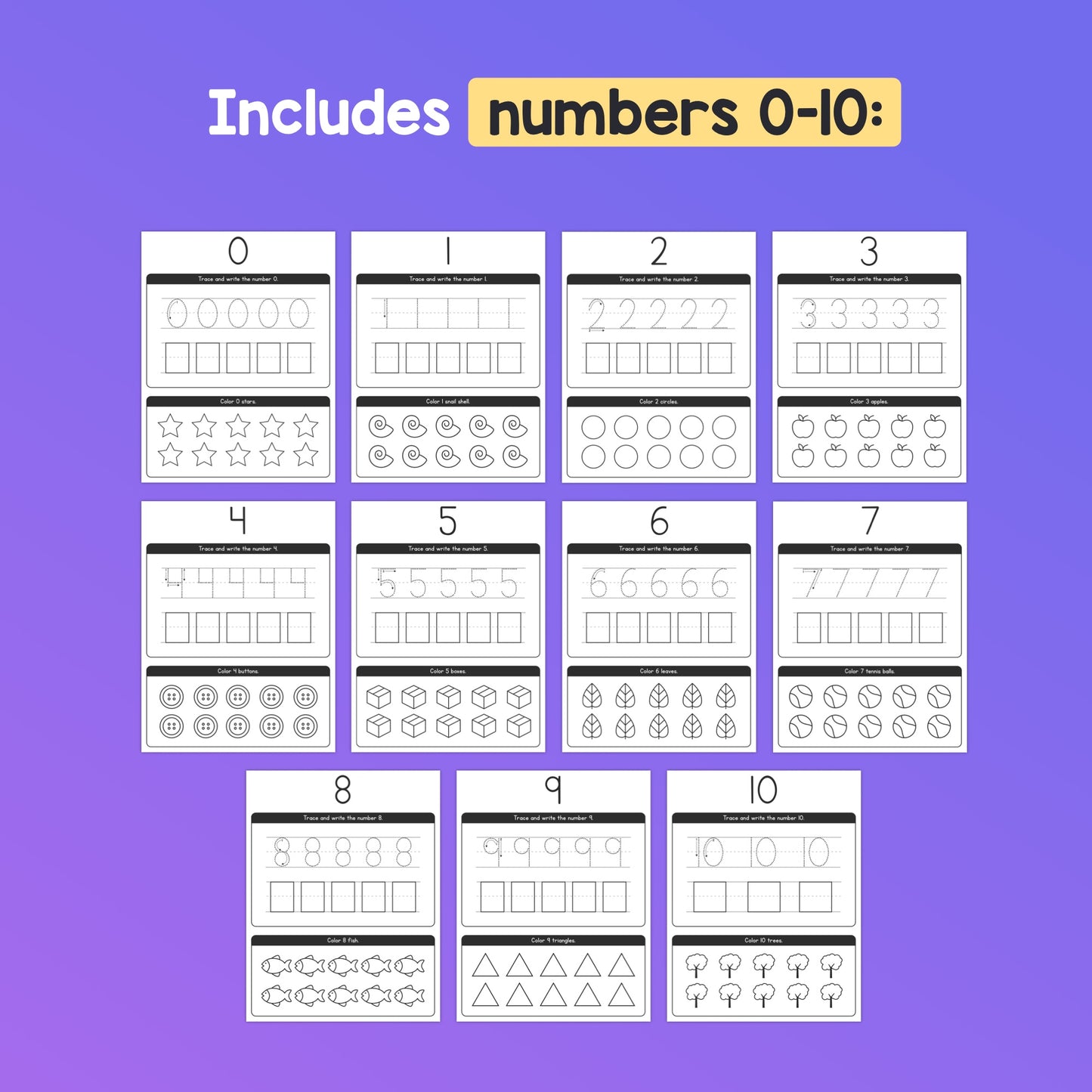 Worksheets for writing, tracing, and counting numbers 0-10.