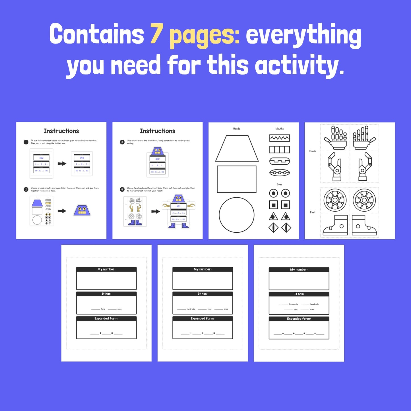 7-page activity with instructions and templates for a place value robot craft.