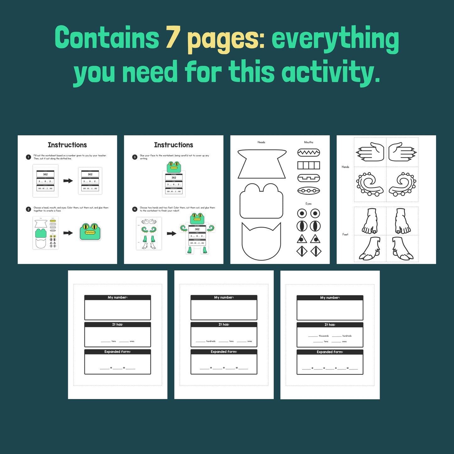 Place Value Monster Craft Kit with seven instructional and printable pages.
