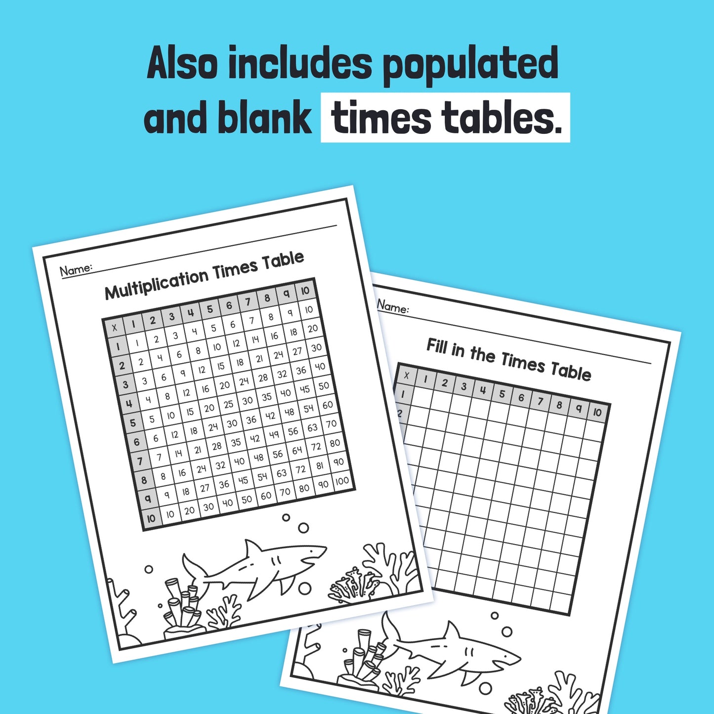 Two worksheets: one with a completed times table and another blank for practice.
