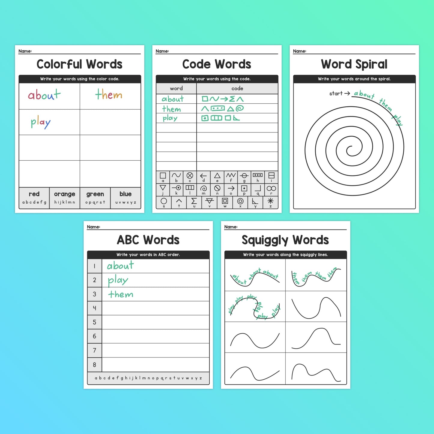 Five worksheets: Colorful Words, Code Words, Word Spiral, ABC Words, Squiggly Words.