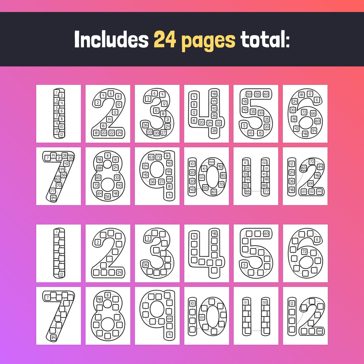 Multiplication posters displaying outlined numbers with shapes inside, 24 pages.