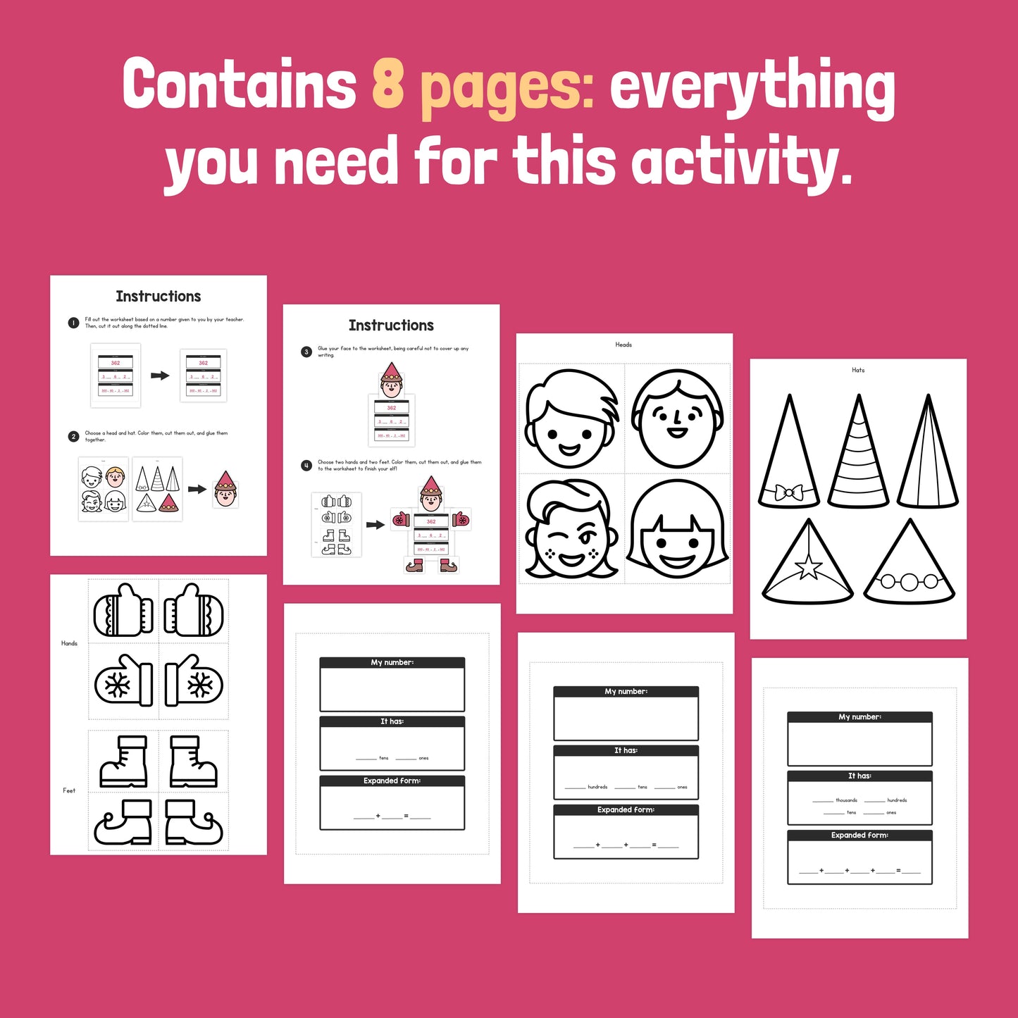 Display of 8 printable activity pages with instructions and illustrations.