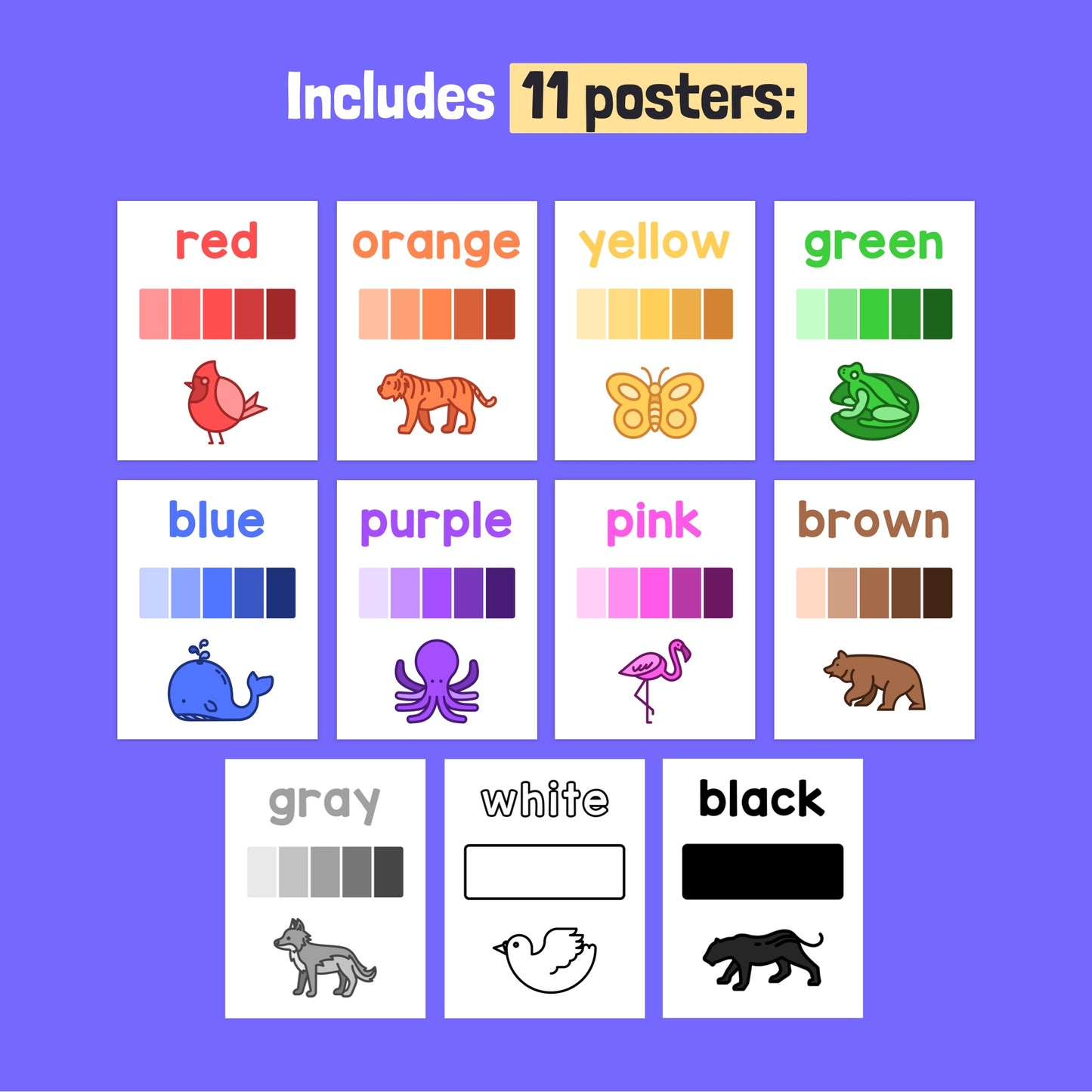 Shades of color posters include red, orange, yellow, green, blue, purple, pink, brown.