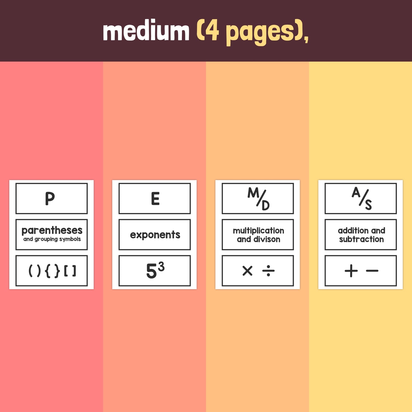 PEMDAS Posters: Parentheses, Exponents, Multiplication/Division, Addition/Subtraction.