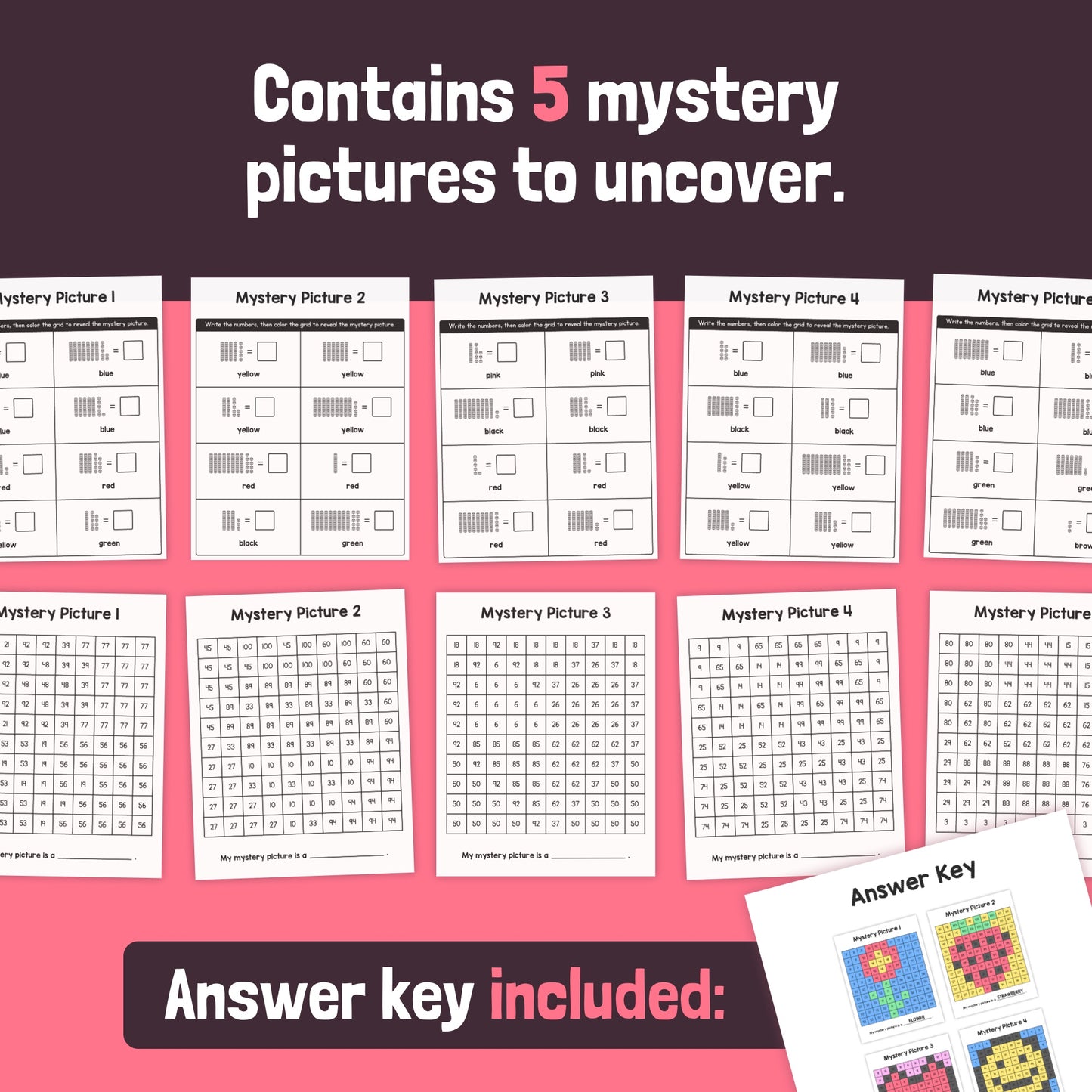 Set of 10 Place Value Mystery Picture Worksheets with an answer key.