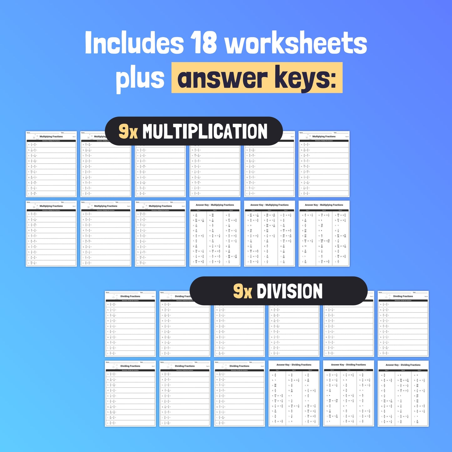Multiplication and division worksheets with text: "Includes 18 worksheets & answer keys.