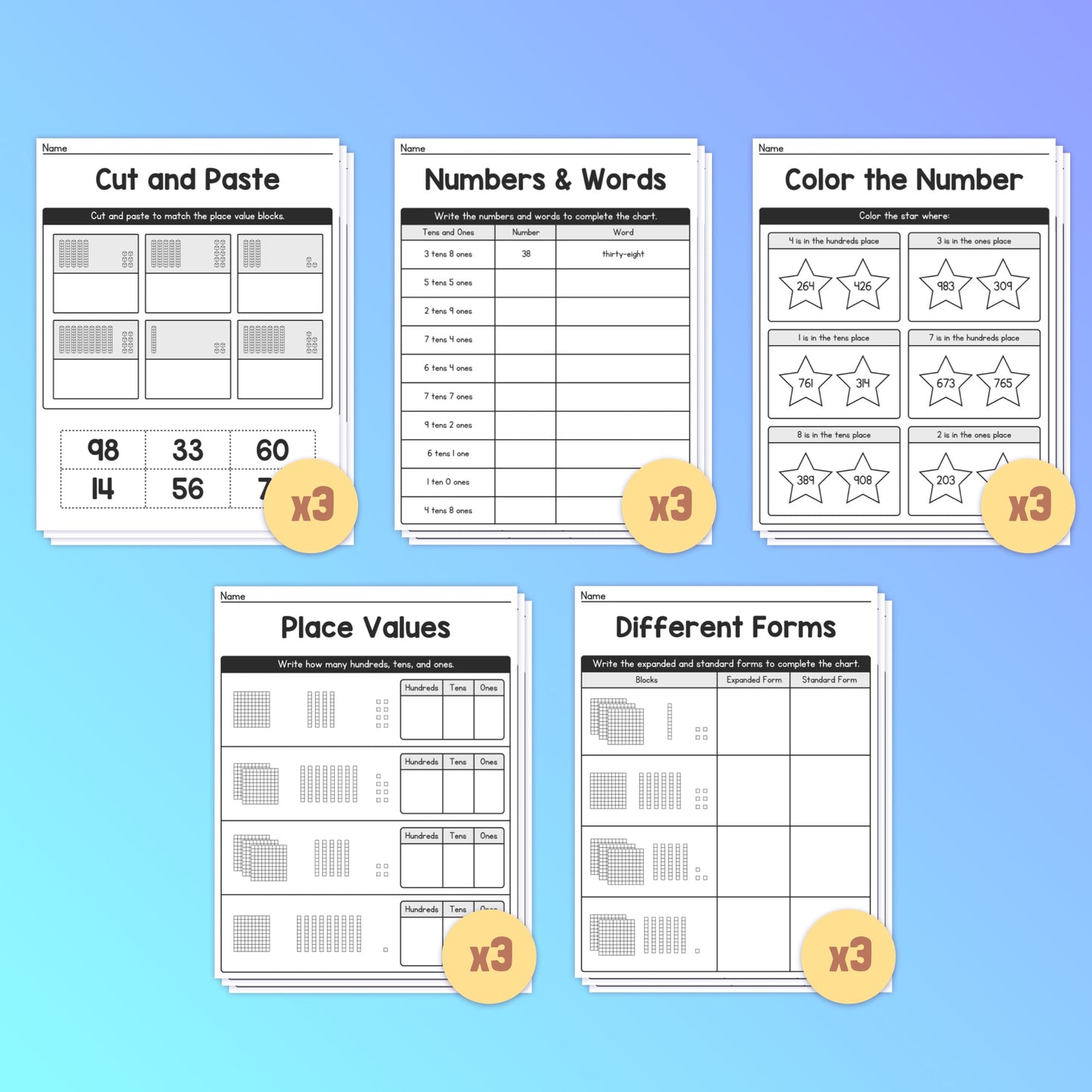 Five place value worksheets with various math activities for kids.