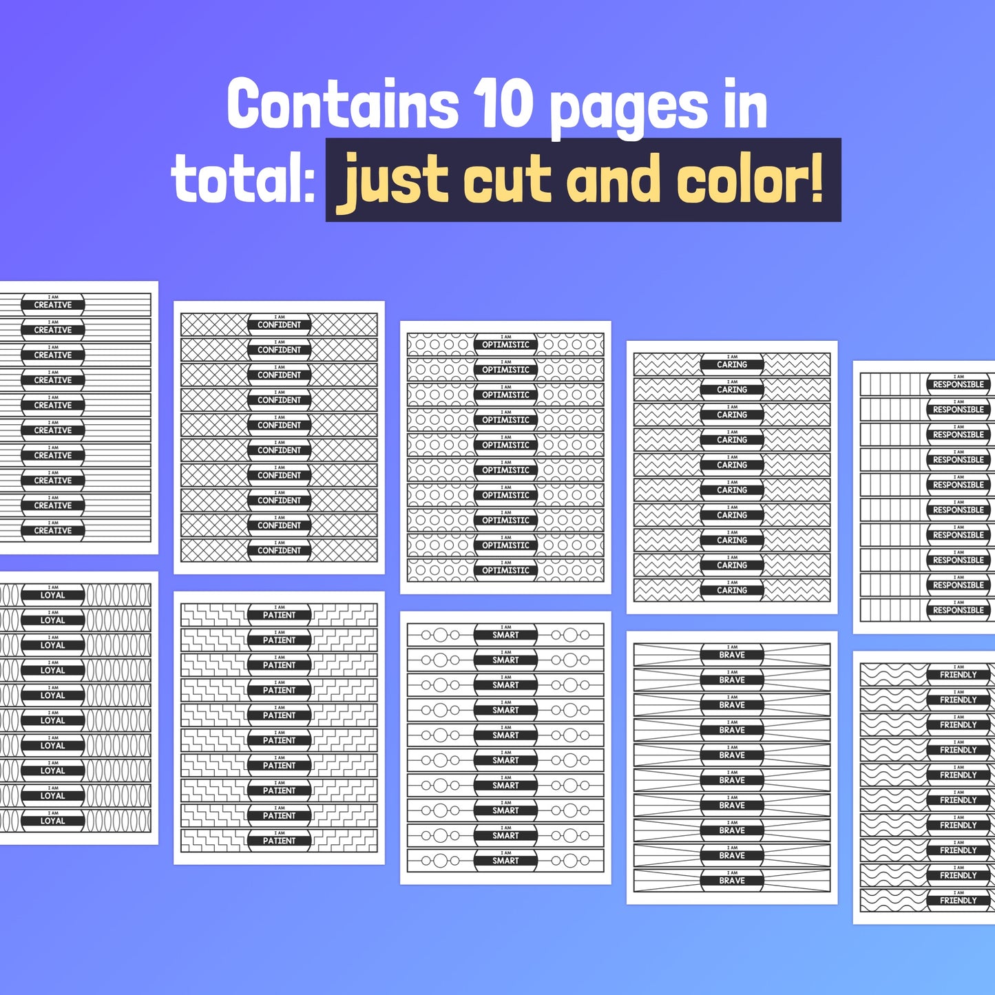 Ten pages of cut-and-color Positive Reinforcement Bracelet activities with various designs.
