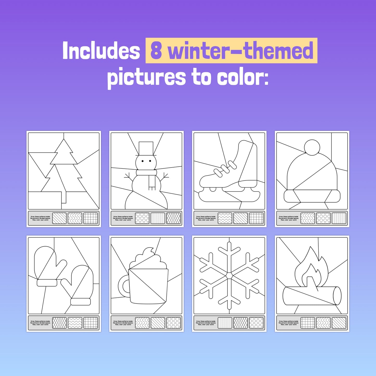 Coloring pages include a tree, snowman, ice skates, hat, mittens, hot drink, snowflake.