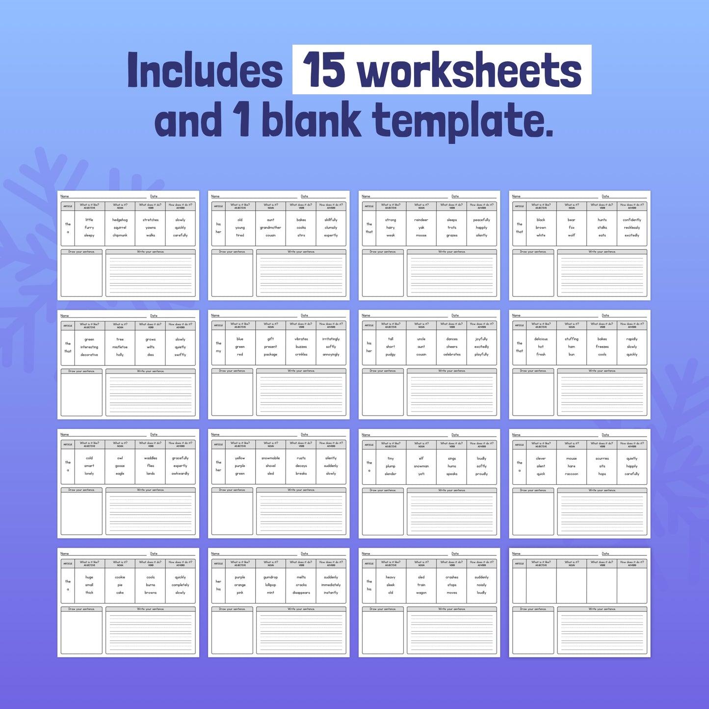Grid layout with 15 Winter Sentence Writing Worksheets and 1 blank template.