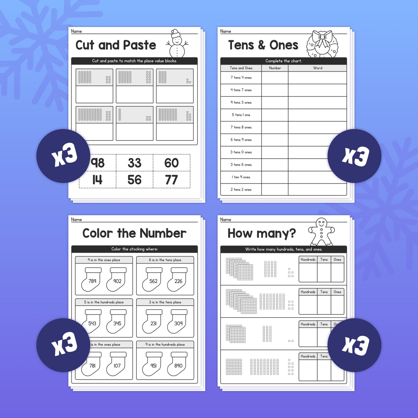 Four Winter-themed Place Value Worksheets with exercises and snowflake graphics.