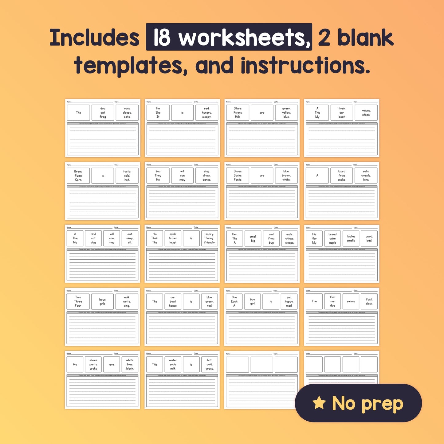 18 worksheets, 2 blank templates, and instructions.